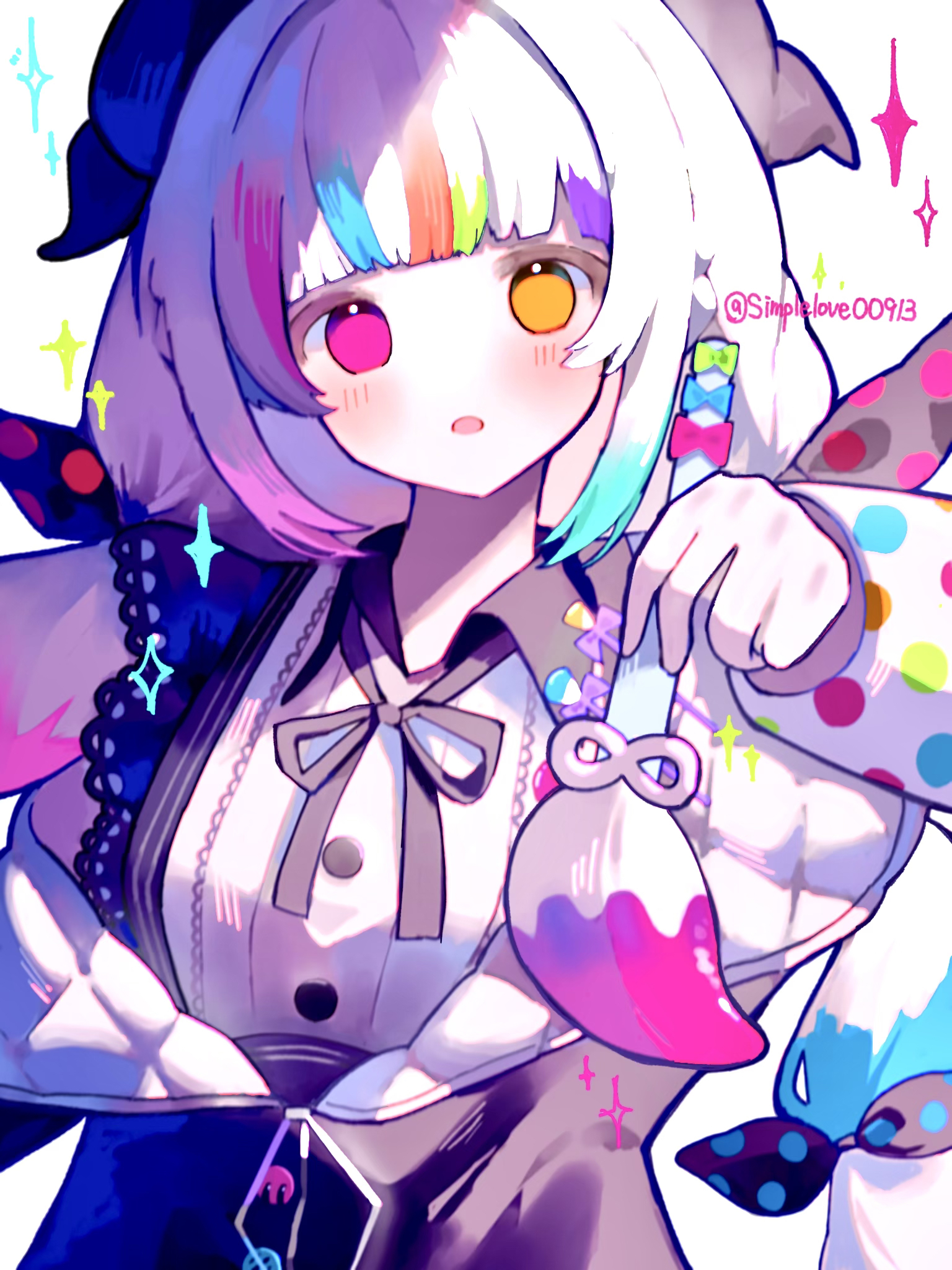 simple ice, jougasaki noa, mahou shoujo no majo saiban, highres, 1girl, artist painter, black jacket, heterochromia, holding, holding paintbrush, jacket, looking at viewer, magical girl, paint on body, paint splatter, paintbrush, parted lips, pink eyes, solo, sparkle, white hair, yellow eyes