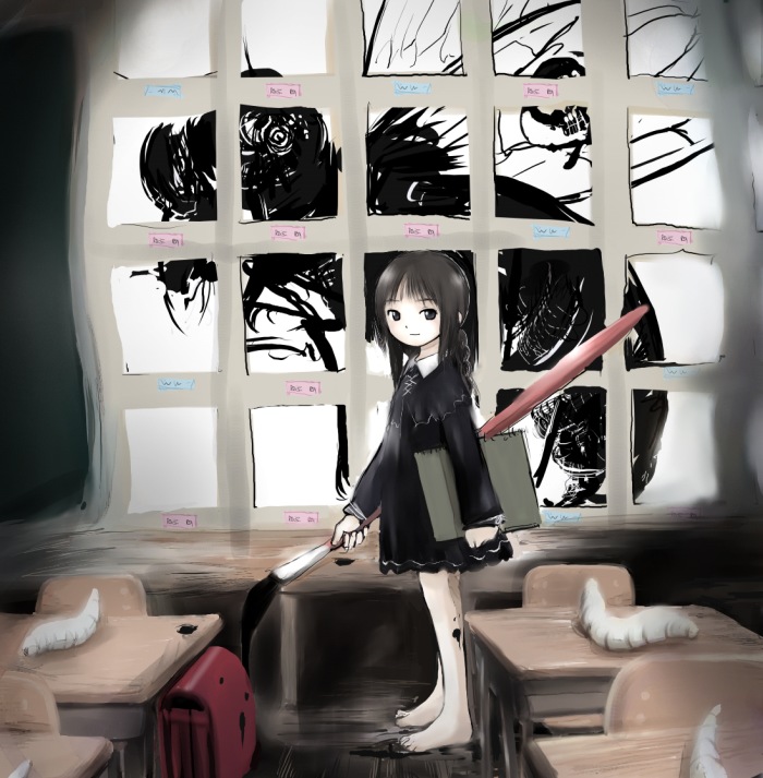 kashmir, original, brush, 1girl, bag, barefoot, black eyes, black hair, braid, bug, classroom, desk, female focus, fly, insect, larva, long sleeves, looking at viewer, notebook, red theme, school, school bag, solo, table, twin braids