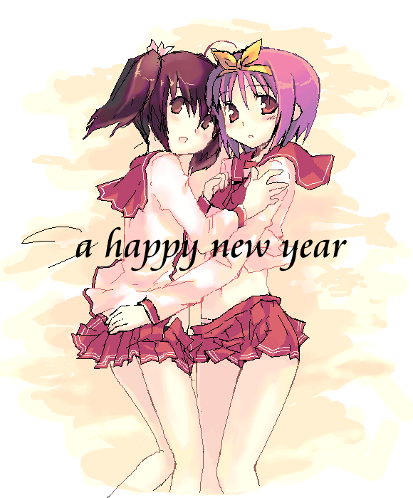 nakamura hisashi, kamigishi akari, yuzuhara konomi, to heart, to heart (series), to heart 2, 00s, 2girls, bow, happy new year, multiple girls, new year, pleated skirt, school uniform, serafuku, skirt, yellow bow