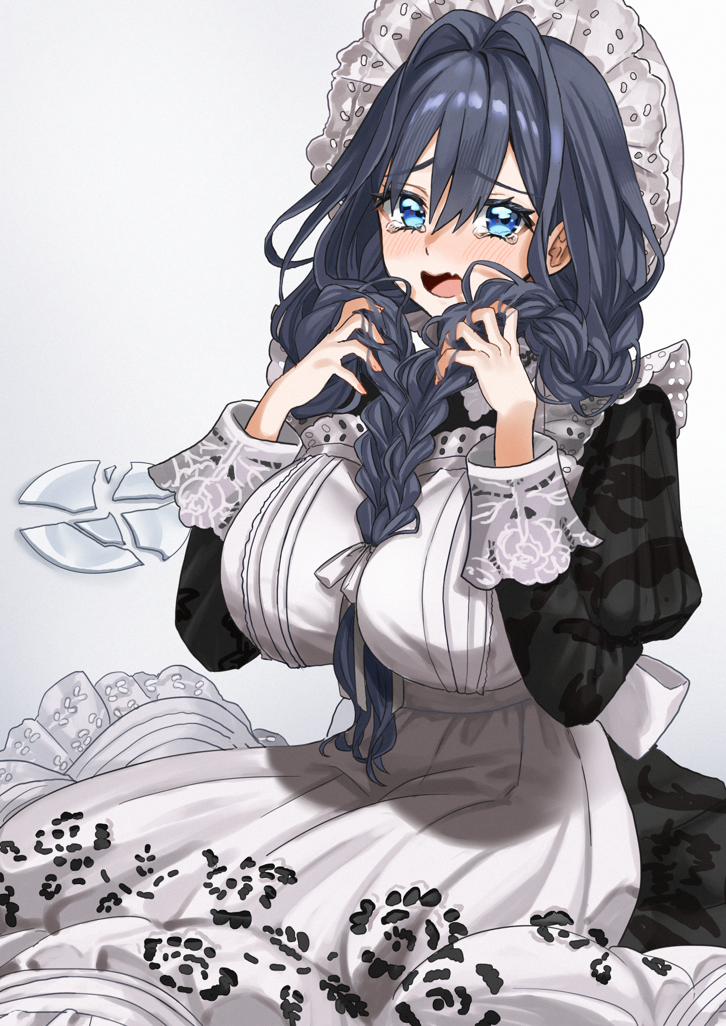 mizuhasi, ouro kronii, ouro kronii (maid), hololive, hololive english, absurdres, commentary, english commentary, highres, 1girl, apron, black dress, black hair, blue eyes, braid, breasts, broken plate, dress, fang, hair intakes, hat, huge breasts, low twin braids, maid apron, mob cap, official alternate costume, open mouth, plate, simple background, skin fang, solo, tearing up, twin braids, virtual youtuber, white apron, white background