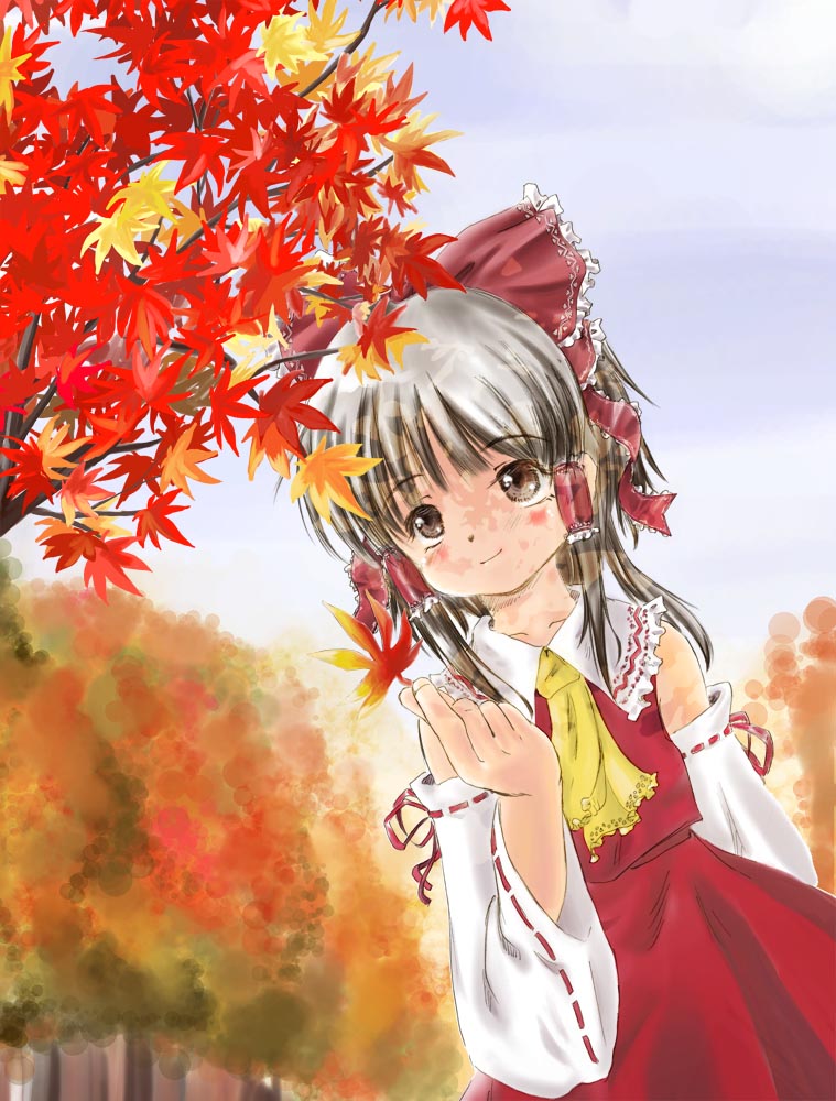 yanagie, hakurei reimu, touhou, 1girl, ascot, autumn, autumn leaves, bow, brown eyes, brown hair, detached sleeves, dress, female focus, hair ribbon, hair tubes, leaf, maple leaf, red dress, ribbon, short hair, smile, solo
