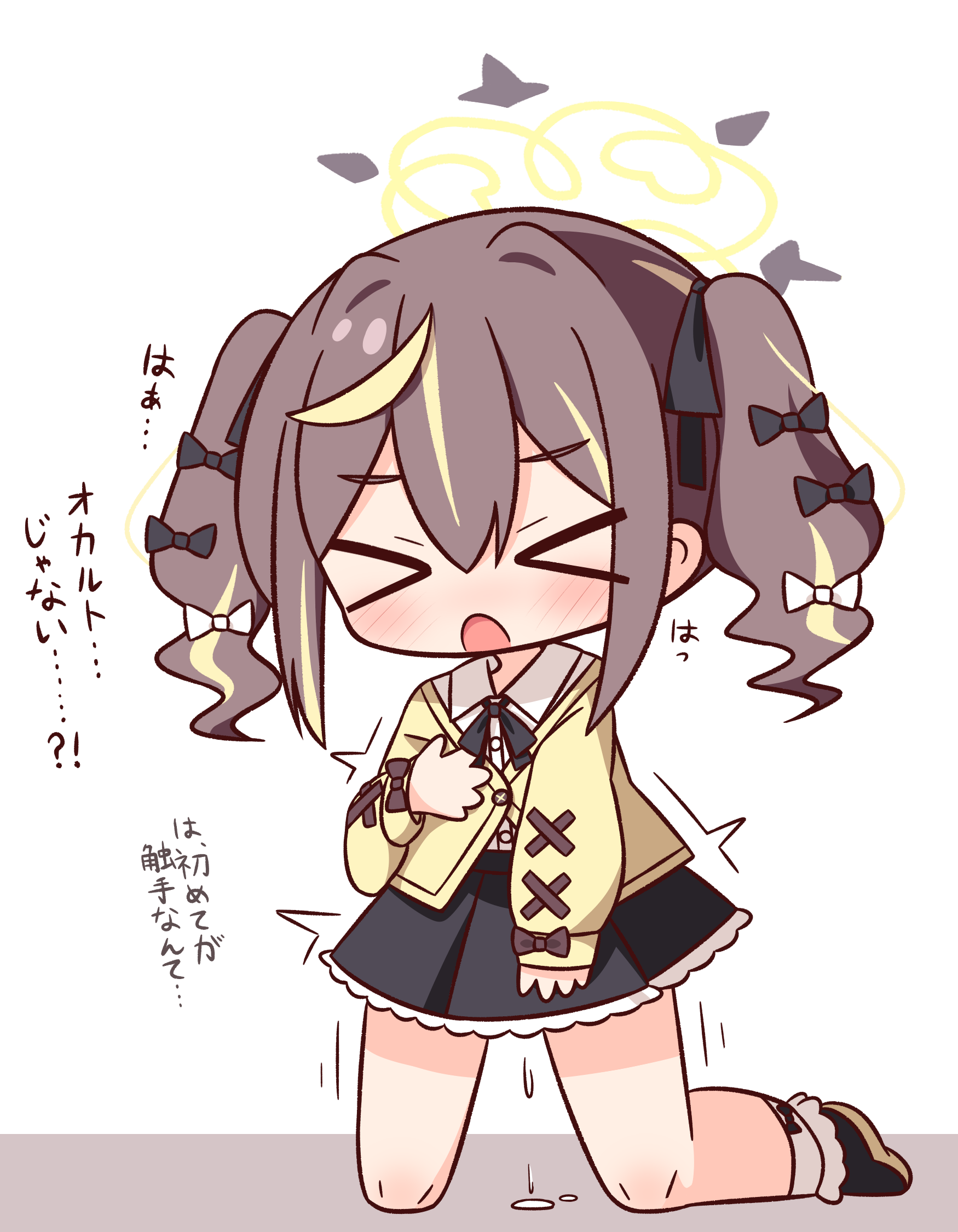 hana kazari, rena (blue archive), blue archive, commentary request, highres, translation request, > <, 1girl, aftersex, black bow, black ribbon, black shoes, black skirt, blonde hair, blush, bow, brown hair, closed eyes, collared shirt, frilled skirt, frills, full body, hair bow, halo, kneeling, long sleeves, medium hair, multicolored hair, neck ribbon, open mouth, pussy juice, ribbon, shirt, shoes, sidelocks, skirt, socks, solo, streaked hair, sweater, trembling, twintails, two-tone hair, white bow, white shirt, white socks, yellow halo, yellow sweater