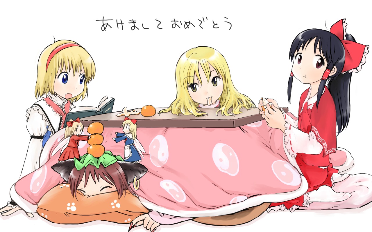 kashmir, alice margatroid, chen, hakurei reimu, hourai doll, kirisame marisa, shanghai doll, touhou, 4girls, animal ears, black hair, blonde hair, book, bow, brown hair, cat ears, cat girl, doll, earrings, eating, female focus, fingernails, food, fruit, hair bow, hair ribbon, hair tubes, hairband, hat, jewelry, kotatsu, long fingernails, mandarin orange, mini person, minigirl, multiple girls, nail (hardware), new year, orange (fruit), pillow, ribbon, short hair, single earring, table, wings, yin yang