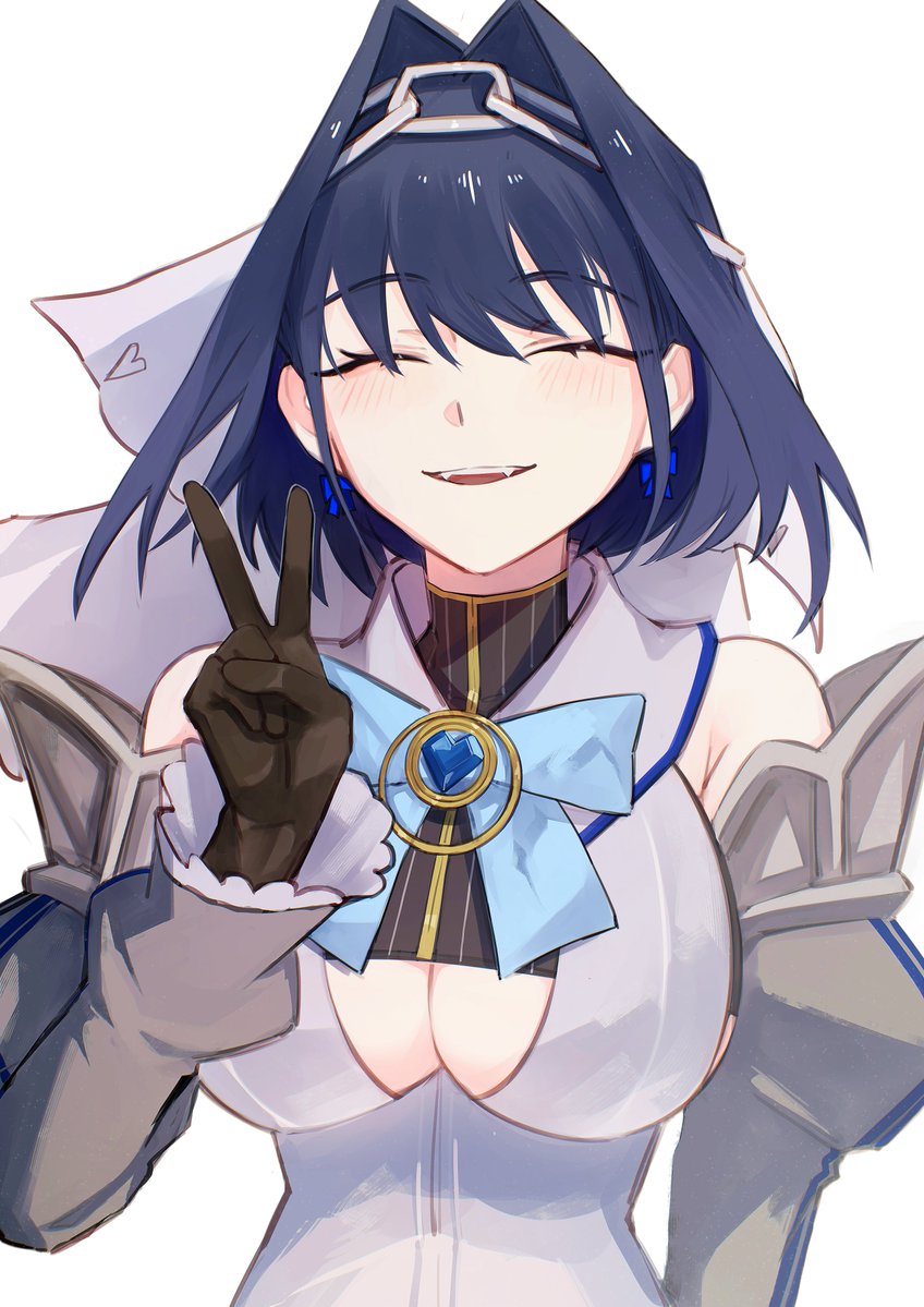 hunk 404, ouro kronii, ouro kronii (1st costume), hololive, hololive english, commentary, english commentary, 1girl, :d, black gloves, black shirt, blue bow, blue bowtie, blue hair, bow, bowtie, breasts, brooch, chain, chain headband, closed eyes, collared vest, cropped shirt, detached sleeves, fangs, frilled sleeves, frills, gloves, grey sleeves, hair flaps, hair intakes, heart, heart brooch, jewelry, juliet sleeves, large breasts, long sleeves, open mouth, pinstripe pattern, pinstripe shirt, puffy sleeves, shirt, short hair, simple background, smile, solo, teeth, underboob, upper body, upper teeth only, v, veil, vest, virtual youtuber, white background, white veil, white vest