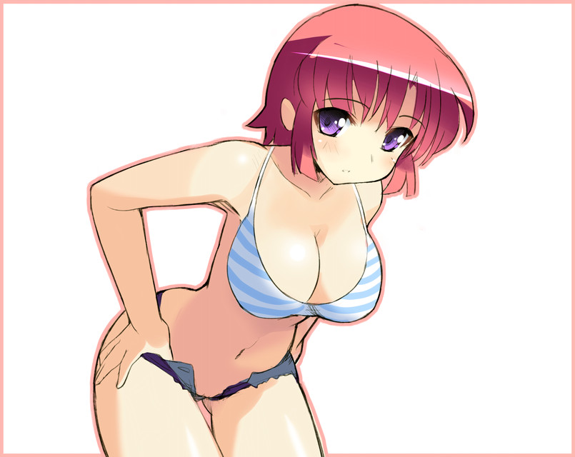 sikorsky, original, 1girl, bikini, breasts, cowboy shot, female focus, large breasts, outline, red hair, solo, striped bikini, striped clothes, swimsuit, undressing