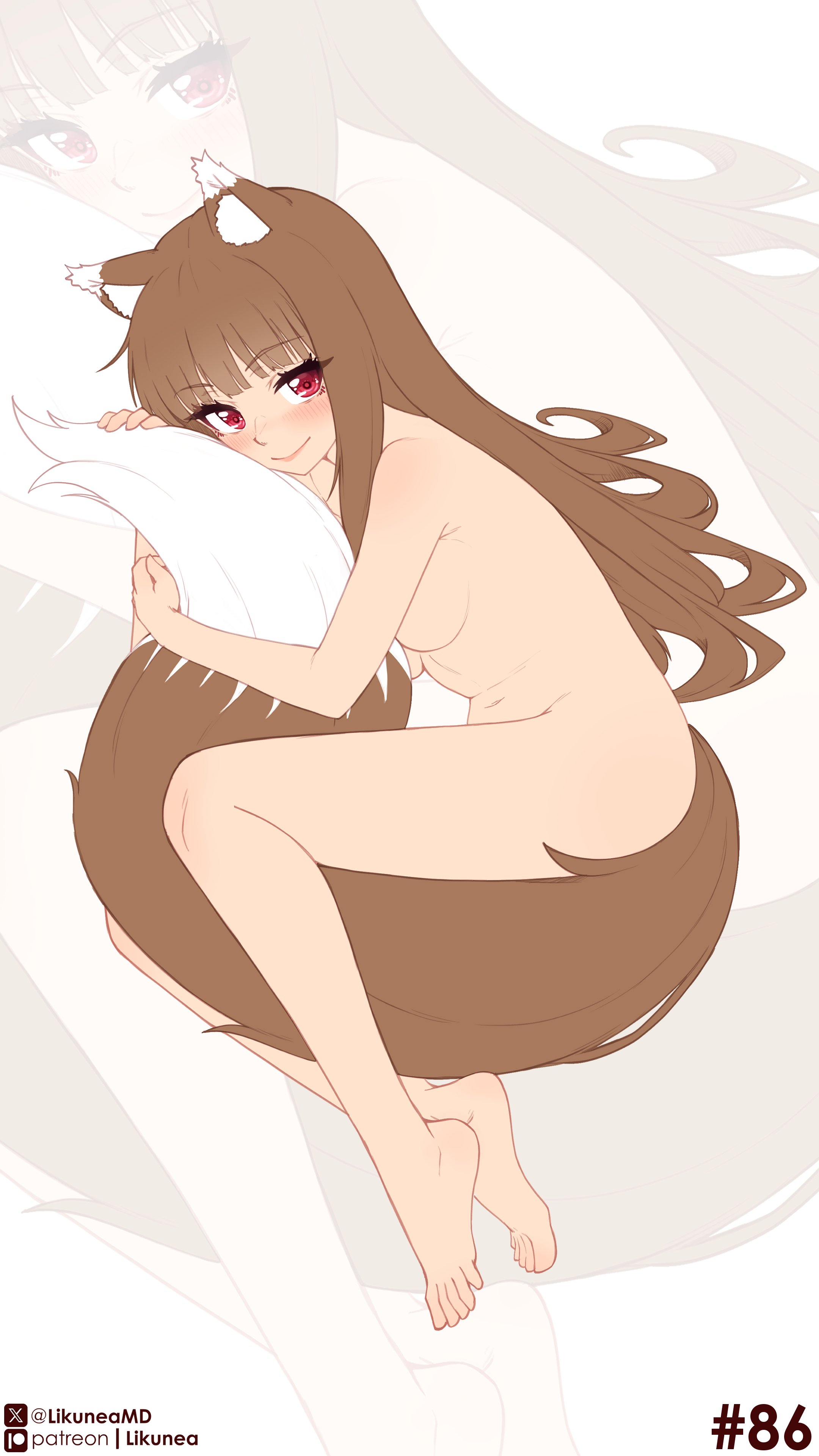 likunea, holo, spice and wolf, absurdres, highres, 1girl, animal ears, barefoot, blush, breasts, brown hair, closed mouth, completely nude, long hair, looking at viewer, medium breasts, navel, nude, patreon logo, patreon username, red eyes, smile, solo, tail, toes, twitter username, twitter x logo, wolf ears, wolf girl, wolf tail, zoom layer