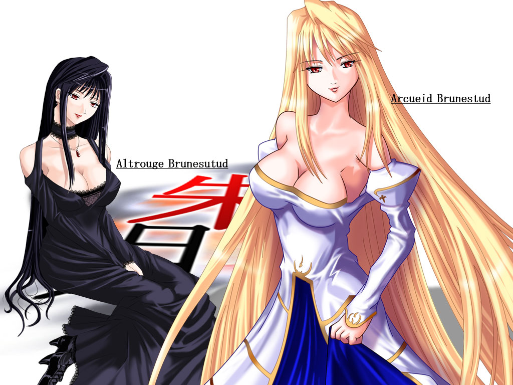 altrouge brunestud, archetype earth, arcueid brunestud, tsukihime, 00s, 2girls, bare shoulders, blonde hair, breasts, choker, cleavage, dress, jewelry, large breasts, long hair, multiple girls, necklace, strapless, strapless dress, very long hair