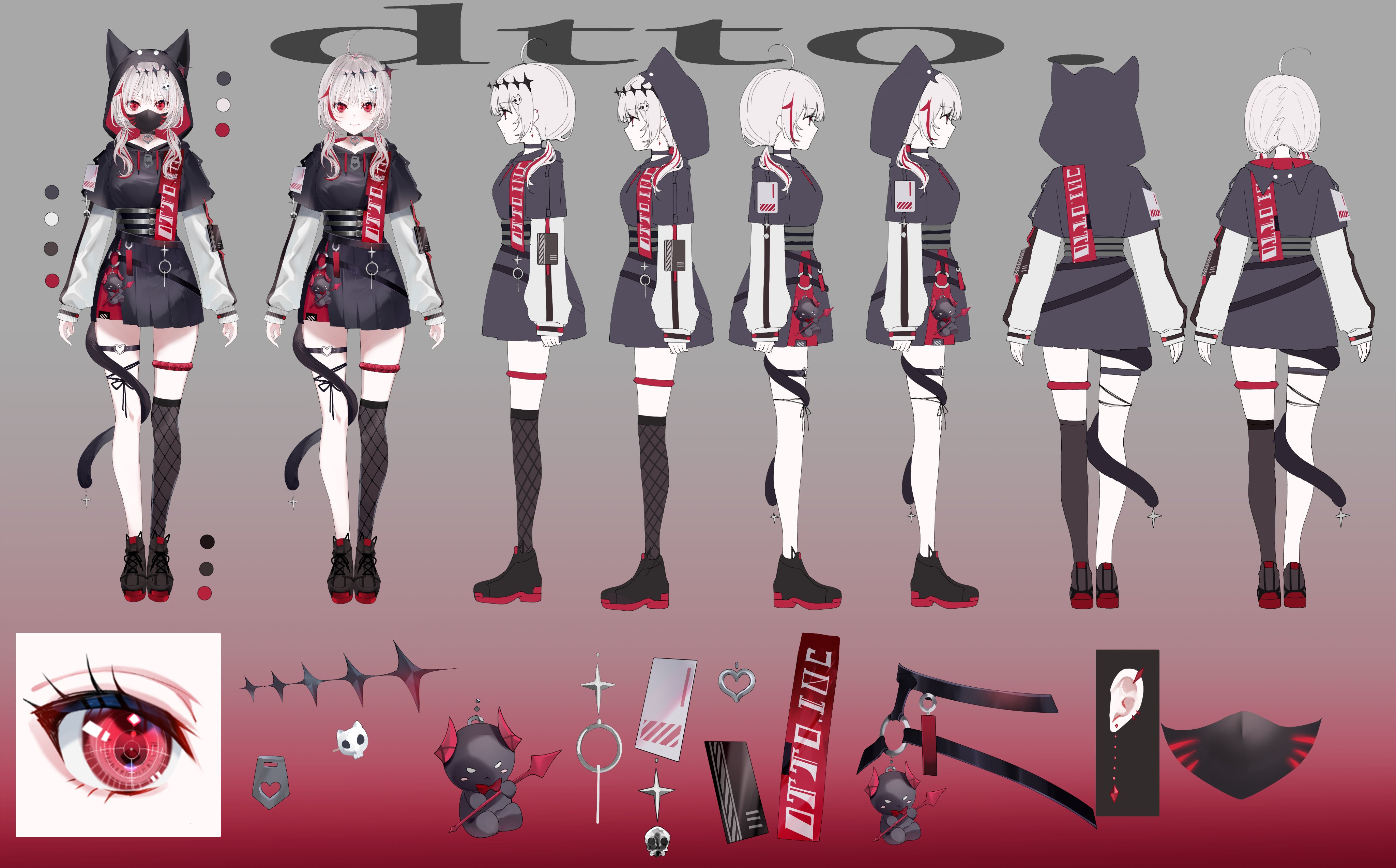 miwano rag, dtto., reject (esports), absurdres, highres, official art, asymmetrical legwear, black choker, black jacket, black mask, black shoes, black skirt, black thighhighs, cat tail, choker, crosshair pupils, from side, hair ornament, hood, hoodie, jacket, long sleeves, mask, mouth mask, multicolored hair, pleated skirt, red eyes, reference sheet, shoes, simple background, skirt, skull hair ornament, streaked hair, tail, thigh strap, thighhighs, twintails, uneven legwear, white hair