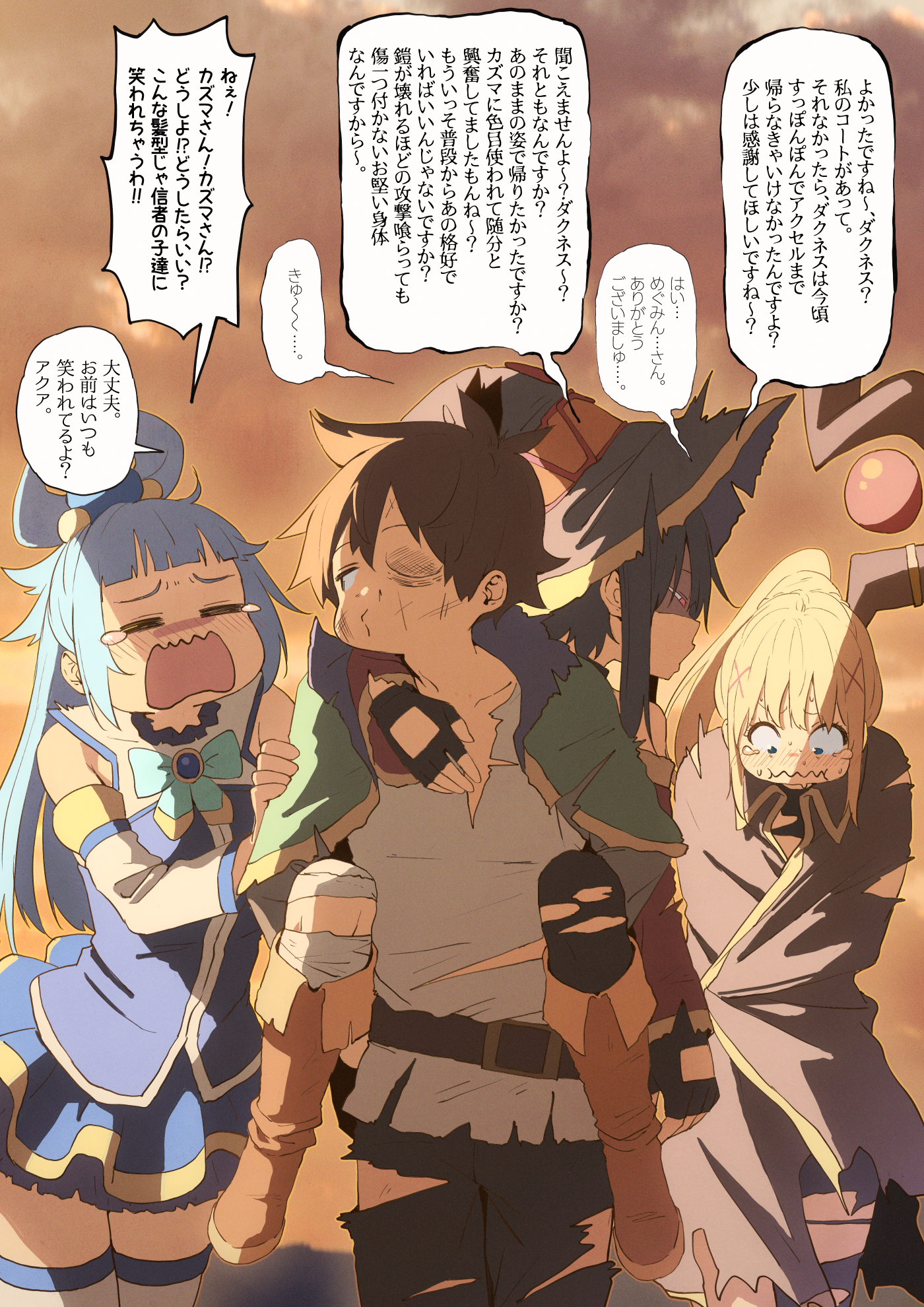 izawa (bhive003), aqua (konosuba), darkness (konosuba), megumin, satou kazuma, kono subarashii sekai ni shukufuku wo!, highres, translation request, 1boy, 3girls, black cape, black hair, black pants, blonde hair, blue hair, blunt bangs, blush, bow, bowtie, brown hair, bruise, cape, capelet, carrying, green bow, green bowtie, green capelet, grey shirt, hair ornament, hat, injury, long hair, multiple girls, one eye closed, pants, piggyback, shiny skin, shirt, short hair, speech bubble, torn cape, torn clothes, torn hat, torn pants, torn shirt, x hair ornament
