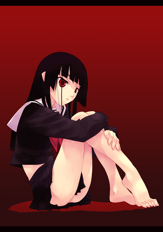 murakami suigun, enma ai, f-ism, jigoku shoujo, 00s, 1girl, barefoot, black hair, black serafuku, black skirt, blunt bangs, feet, female focus, hime cut, hugging own legs, letterboxed, long hair, pleated skirt, red background, red eyes, school uniform, serafuku, skirt, solo