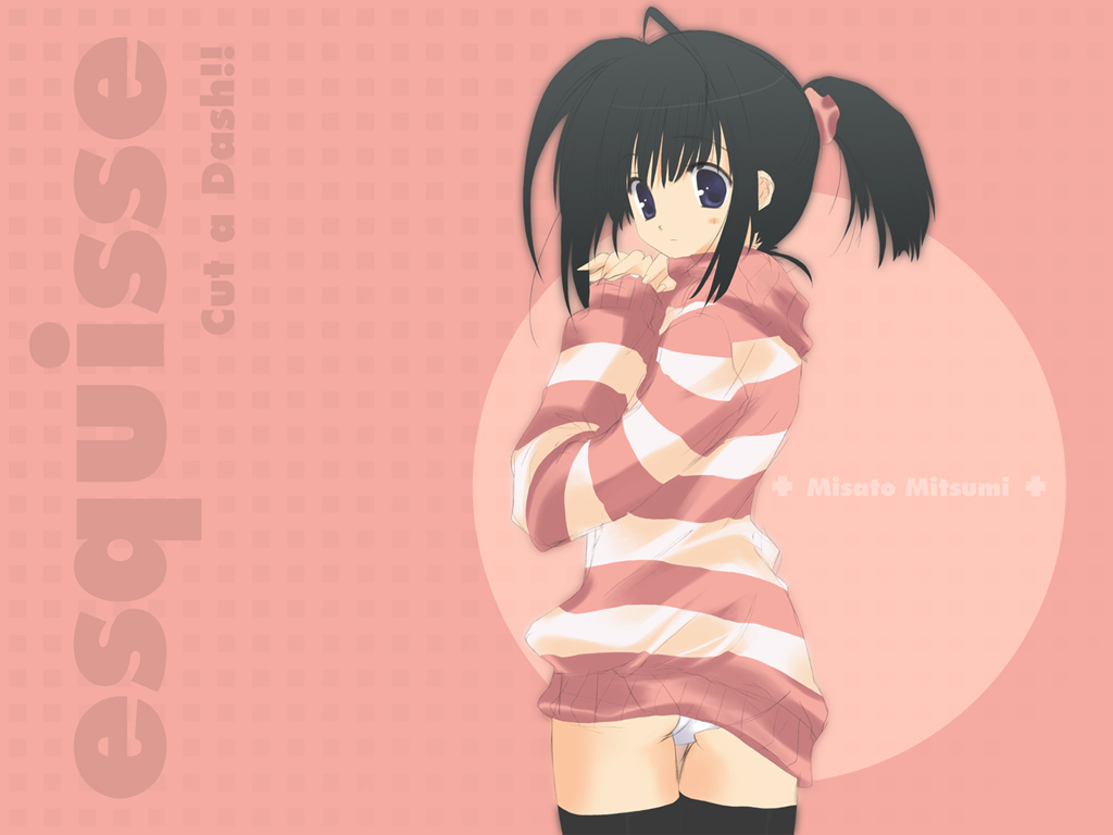 mitsumi misato, original, striped, 1girl, black hair, black thighhighs, blue eyes, blush, female focus, no pants, panties, pantyshot, pink background, pink theme, ponytail, solo, standing, sweater, thigh gap, thighhighs, thighs, underwear, white panties