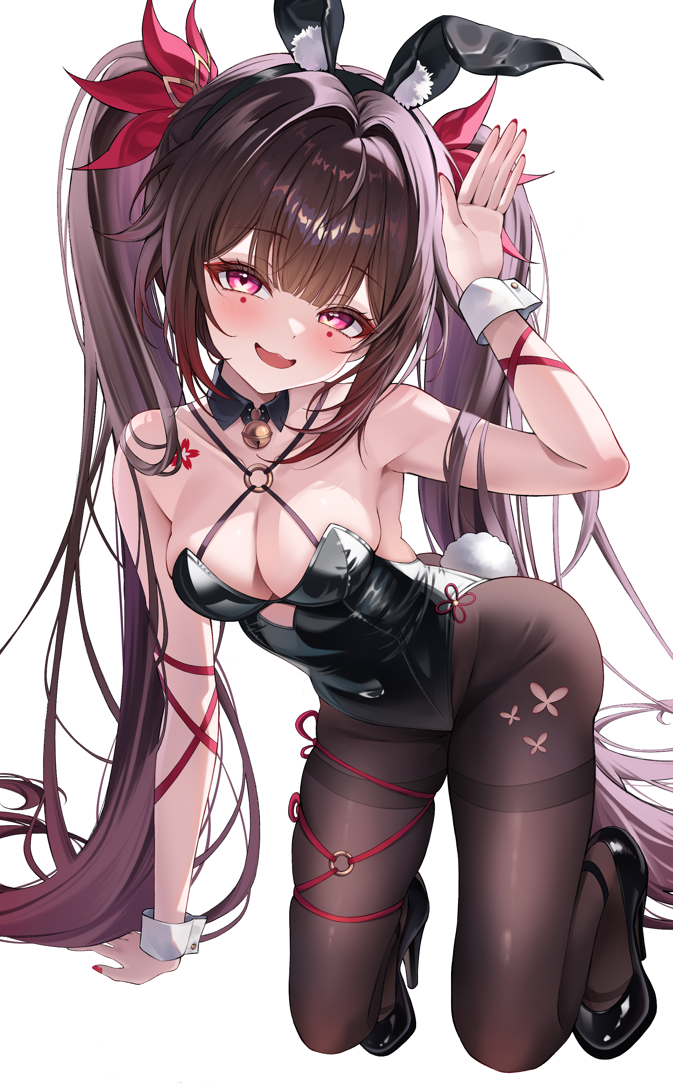 kkachi0909, sparkle (honkai: star rail), honkai: star rail, honkai (series), absurdres, highres, 1girl, :3, animal ears, bare shoulders, bell, black leotard, black shoes, breasts, brown hair, brown pantyhose, butterfly-shaped pupils, criss-cross halter, detached collar, fake animal ears, fake tail, flower tattoo, hair over shoulder, halterneck, high heels, highleg, highleg leotard, large breasts, leotard, long hair, looking at viewer, mark under both eyes, neck bell, o-ring strap, open mouth, pantyhose, pink eyes, playboy bunny, rabbit ears, rabbit tail, red nails, shoes, simple background, solo, symbol-shaped pupils, tail, tattoo, twintails, very long hair, white background, white wrist cuffs, wrist cuffs