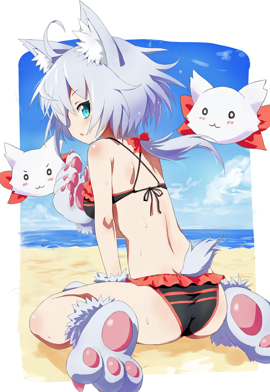 haniwa (near), emil chronicle online, highres, 1girl, ahoge, animal ears, animal hands, ass, beach, bikini, black bikini, blue eyes, blue sky, breasts, cerberus (eco), dog ears, dog tail, familiar, from side, gloves, looking back, low ponytail, medium breasts, ocean, paw gloves, paw shoes, ponytail, sitting, sky, swimsuit, tail, wariza, white hair