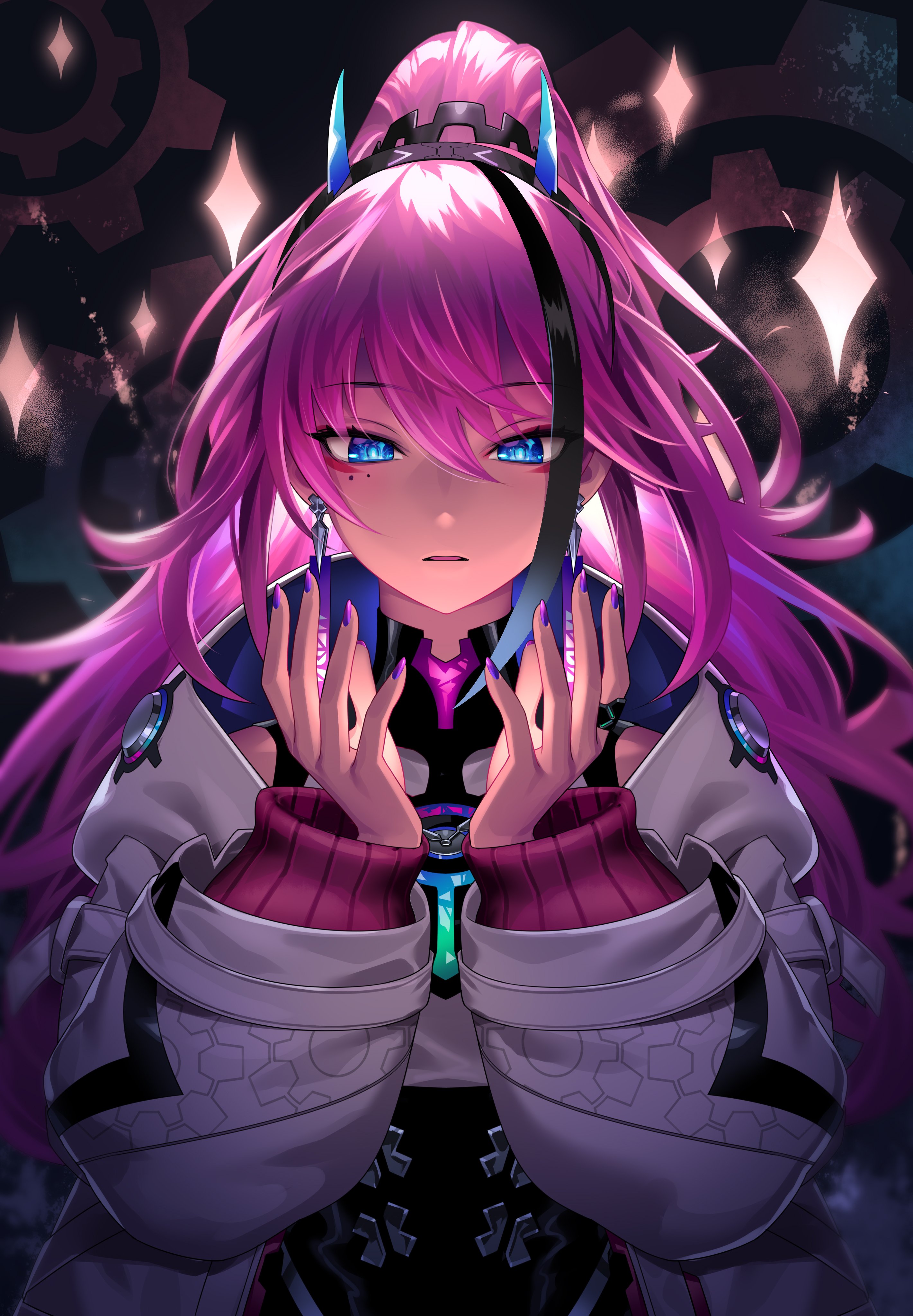 ohczsgr7ec6j8ae, absurdres, commentary request, highres, textless version, 1girl, blue eyes, blue horns, collared shirt, dark background, earrings, eyeliner, facing viewer, fake horns, hair between eyes, hands up, horn hairband, horns, jacket, jewelry, light particles, long hair, long sleeves, makeup, meda (rk music), mole, mole under eye, multiple moles, nail polish, parted lips, pink hair, purple nails, red eyeliner, rk music, shirt, solo, straight-on, upper body, virtual youtuber, white jacket, white shirt