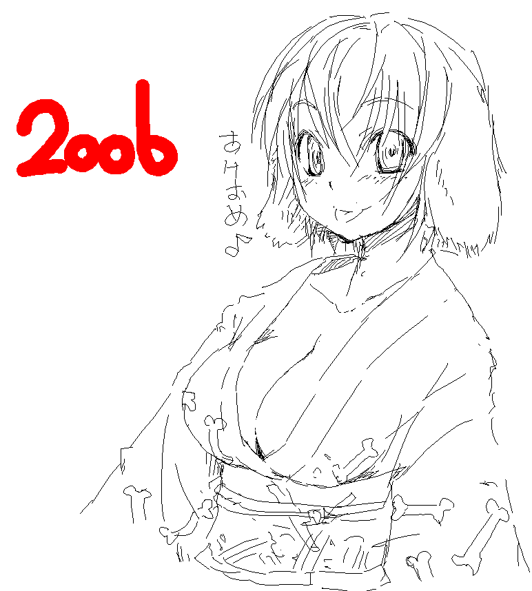 bosshi, original, 00s, 1girl, 2006, animal ears, breasts, cleavage, dog ears, female focus, japanese clothes, large breasts, monochrome, new year, red theme, sketch, solo