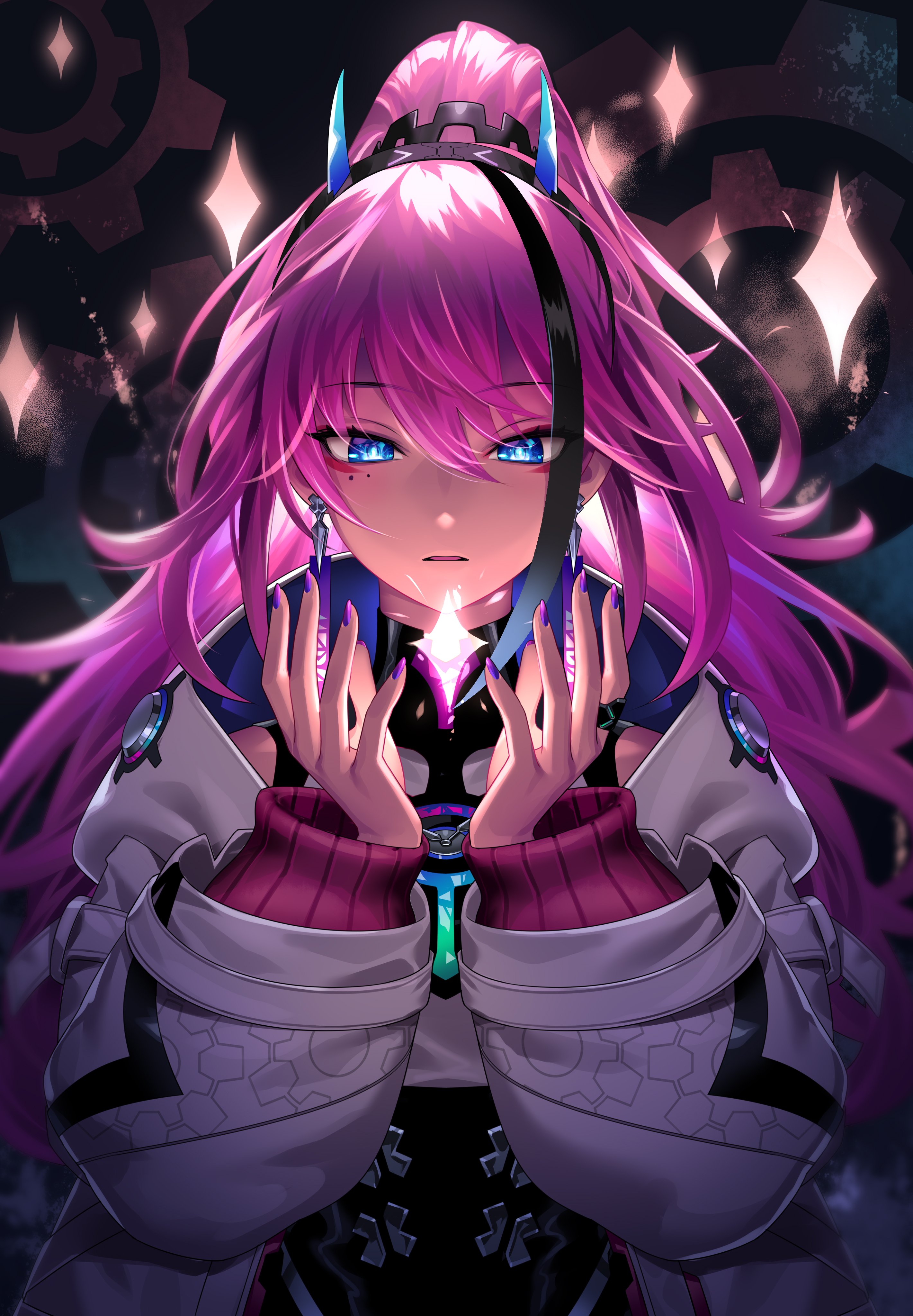 ohczsgr7ec6j8ae, absurdres, commentary request, highres, textless version, 1girl, blue eyes, blue horns, collared shirt, dark background, earrings, eyeliner, facing viewer, fake horns, hair between eyes, hands up, horn hairband, horns, jacket, jewelry, light particles, long hair, long sleeves, makeup, meda (rk music), mole, mole under eye, multiple moles, nail polish, parted lips, pink hair, purple nails, red eyeliner, rk music, shirt, solo, straight-on, upper body, virtual youtuber, white jacket, white shirt