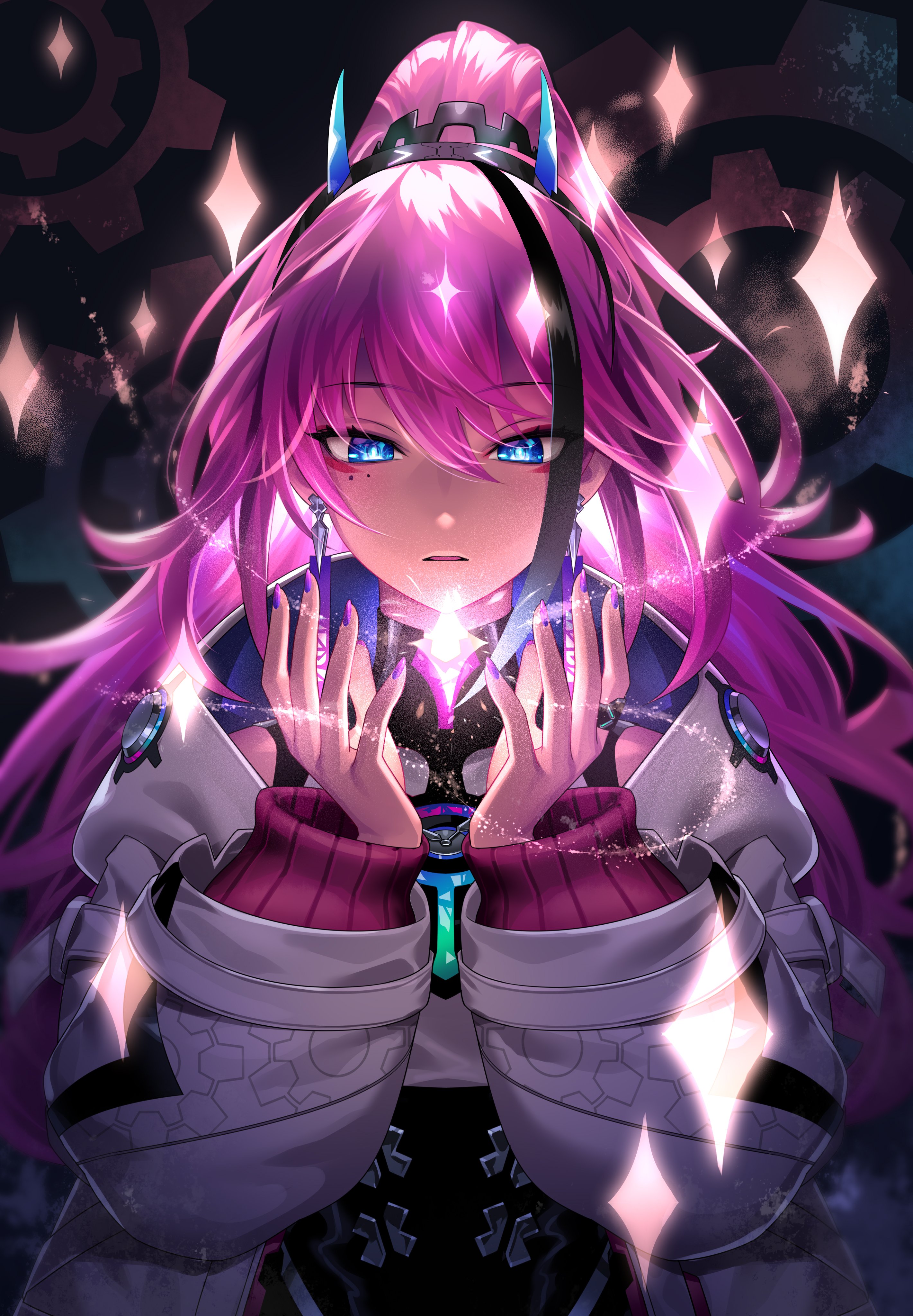 ohczsgr7ec6j8ae, absurdres, commentary request, highres, textless version, 1girl, blue eyes, blue horns, collared shirt, dark background, earrings, eyeliner, facing viewer, fake horns, hair between eyes, hands up, horn hairband, horns, jacket, jewelry, light particles, long hair, long sleeves, makeup, meda (rk music), mole, mole under eye, multiple moles, nail polish, parted lips, pink hair, purple nails, red eyeliner, rk music, shirt, solo, straight-on, upper body, virtual youtuber, white jacket, white shirt