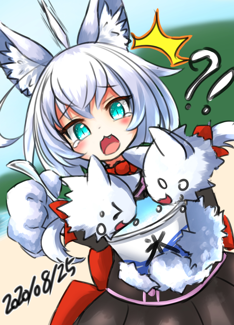 touko olivia, emil chronicle online, !?, 1girl, ahoge, animal ears, animal hands, black dress, blue eyes, cerberus (eco), dated, dog ears, dog girl, dress, familiar, fang, food, gloves, holding, holding shaved ice, holding spoon, necktie, open mouth, paw gloves, red dress, red necktie, shaved ice, spoon, tearing up, two-tone dress, white hair