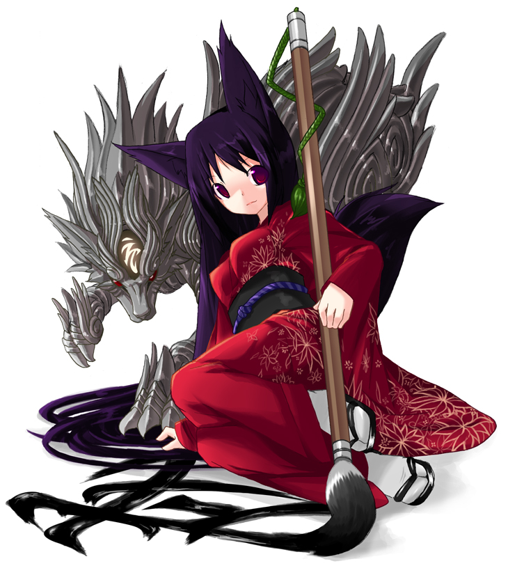 shiratama dango, original, 1girl, animal ears, calligraphy brush, dog ears, female focus, japanese clothes, kimono, long hair, looking at viewer, paintbrush, purple hair, red eyes, solo, tabi, tail, very long hair