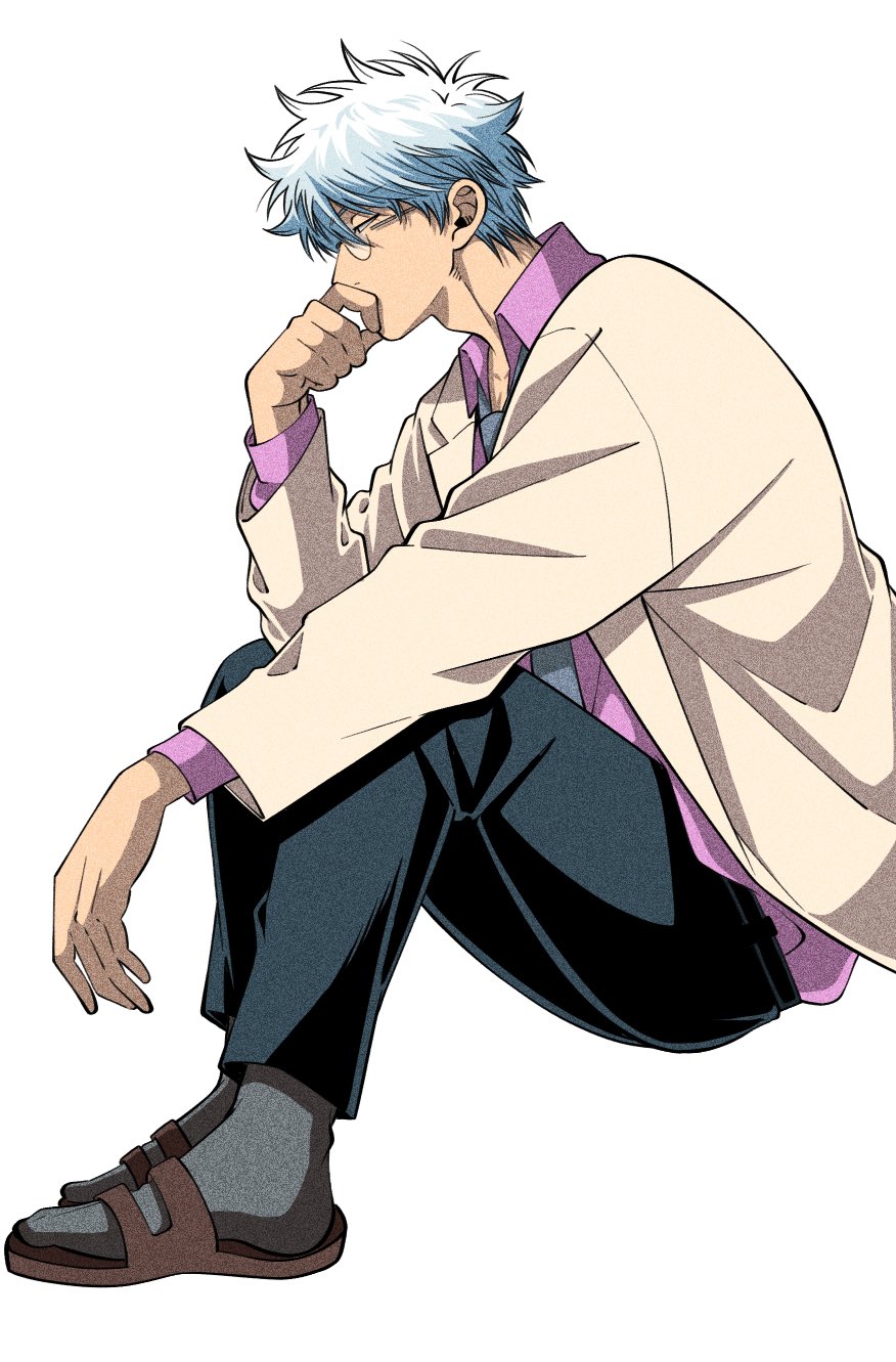 sakata gintoki, gintama, highres, 1boy, black pants, blue hair, blue necktie, brown sandals, coat, collared shirt, covering own mouth, dress shirt, from side, full body, glasses, grey socks, hand up, invisible chair, knees up, lab coat, long sleeves, male focus, necktie, official alternate costume, pants, pink shirt, profile, red eyes, round eyewear, sandals, shirt, short hair, siro nui81, sitting, socks, solo, white background, white coat