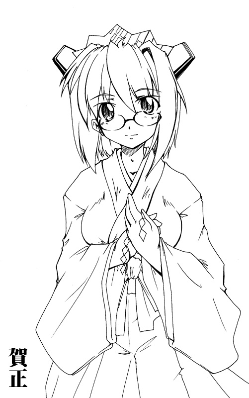 45acp, 2k-tan, os-tan, glasses, greyscale, japanese clothes, miko, monochrome, solo