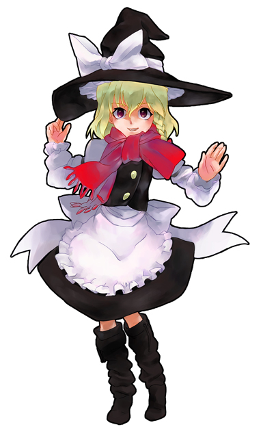 neko8, kirisame marisa, perfect cherry blossom, touhou, 1girl, apron, black dress, blonde hair, boots, dress, female focus, frills, full body, hat, looking at viewer, red eyes, red scarf, scarf, simple background, smile, solo, standing, white background, witch hat