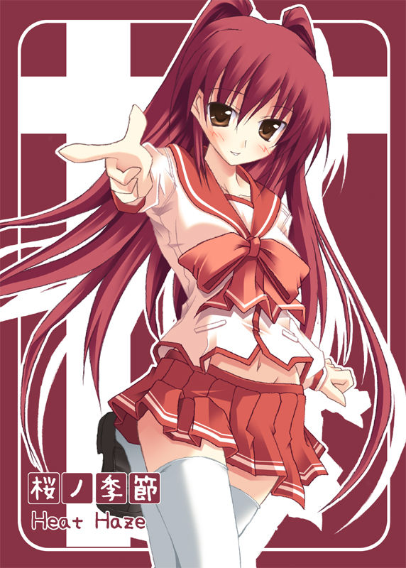 ruru (artist), ruru (heat haze), kousaka tamaki, to heart (series), to heart 2, 00s, 1girl, blush, brown eyes, female focus, long hair, long sleeves, pleated skirt, red hair, school uniform, serafuku, skirt, solo, thighhighs, zettai ryouiki