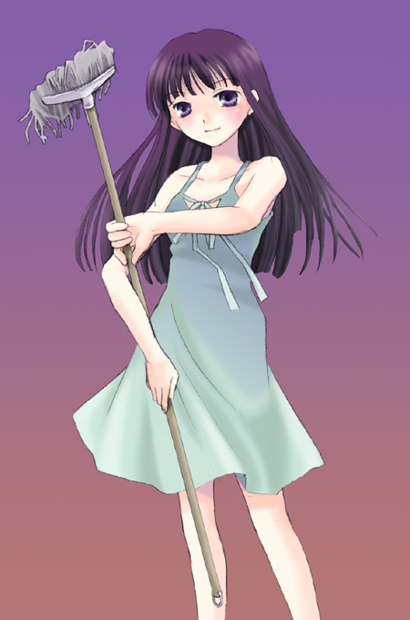 oujima tamaki, furude rika, higurashi no naku koro ni, 00s, 1girl, black hair, blunt bangs, dress, female focus, green dress, green skirt, hime cut, long hair, mop, purple eyes, skirt, solo