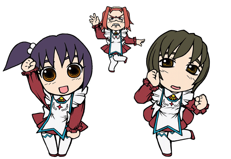 irina woods, lilie (my-otome), yayoi alter, my-otome, animated, animated gif, 00s, 3girls, chibi, dancing, female focus, garderobe uniform, long sleeves, multiple girls, peepeedance, thighhighs