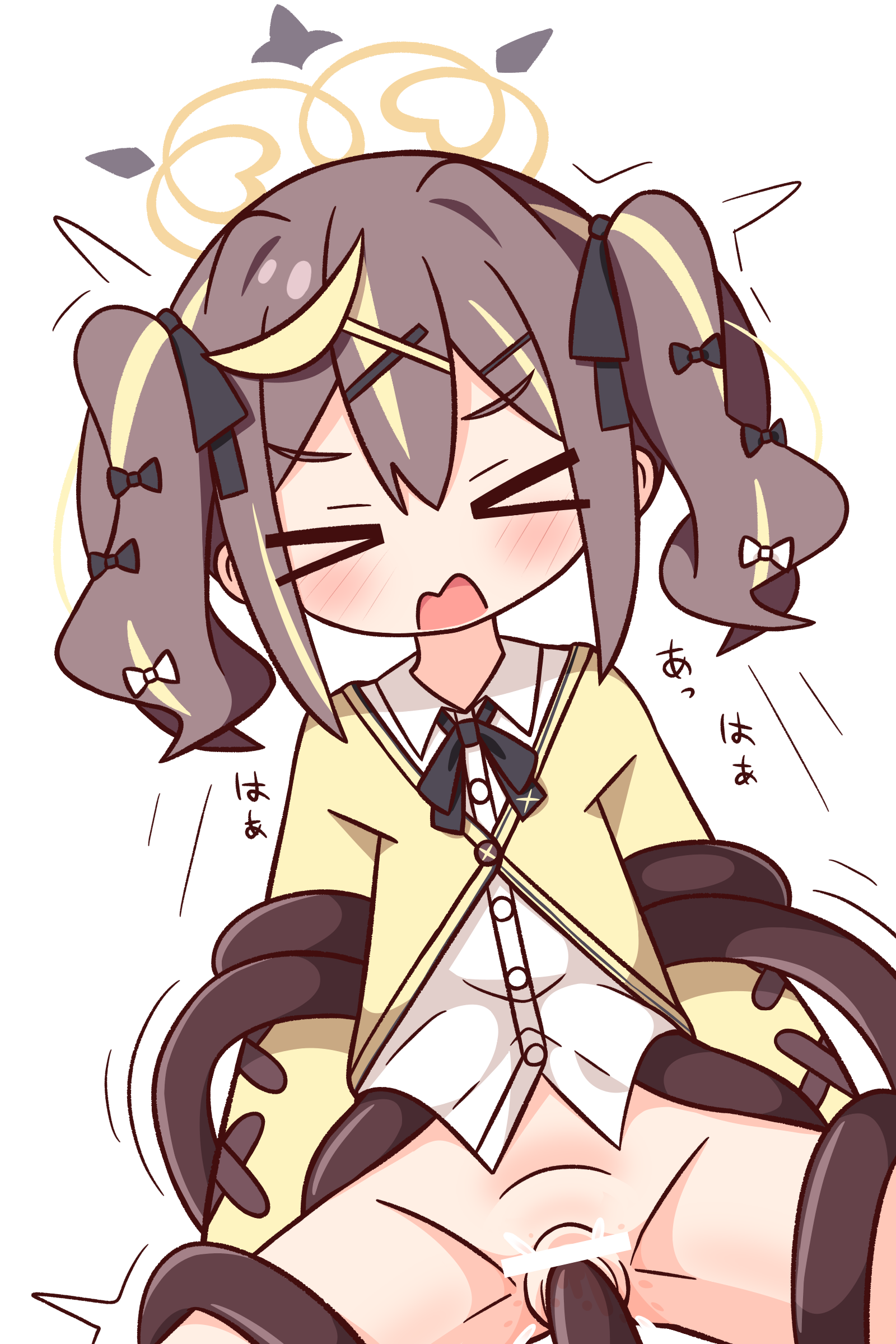 hana kazari, rena (blue archive), blue archive, absurdres, commentary request, highres, > <, 1girl, bar censor, black ribbon, blonde hair, blush, bottomless, brown hair, censored, closed eyes, collared shirt, double-parted bangs, halo, medium hair, multicolored hair, neck ribbon, open mouth, pussy, pussy juice, ribbon, shirt, sidelocks, simple background, solo, streaked hair, sweater, tentacle sex, tentacles, twintails, vaginal, white background, white shirt, yellow halo, yellow sweater