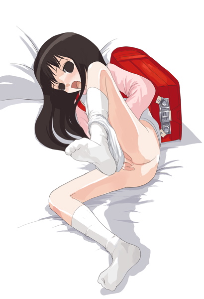 natori (natorism), original, 1girl, backpack, bag, feet, female focus, female masturbation, loli, masturbation, randoseru, socks, solo