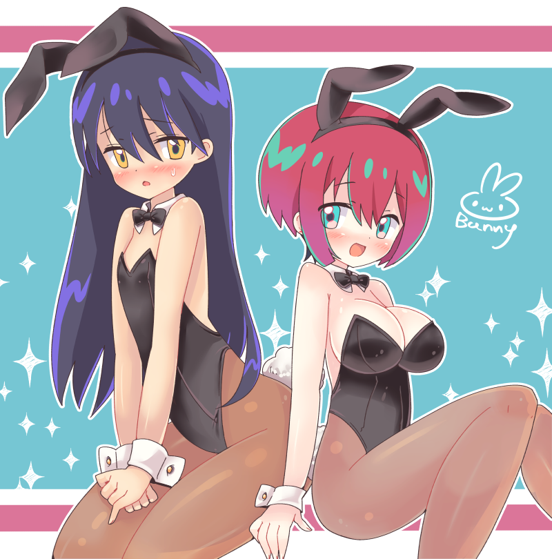 teu (navy), amate yuzuriha, nyaan (gundam gquuuuuux), gundam, gundam gquuuuuux, commentary request, 1girl, animal ear hairband, animal ears, aqua eyes, black bow, black bowtie, black hair, black leotard, bow, bowtie, breasts, brown pantyhose, detached collar, fake animal ears, feet out of frame, flat chest, hairband, large breasts, leotard, long hair, looking at viewer, pantyhose, playboy bunny, rabbit ears, rabbit tail, red hair, short hair, sitting, solo, sparkle background, strapless, strapless leotard, tail, wrist cuffs, yellow eyes