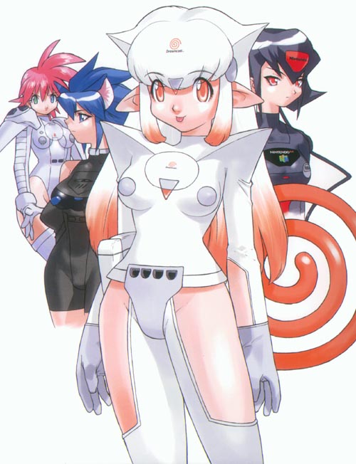 yoshizaki mine, nintendo, sega, sony, console, 4girls, :p, animal ears, black bodysuit, black hair, blue eyes, blue hair, blunt bangs, bodysuit, cat ears, chaps, facial mark, forehead mark, game-tan, game console, gametan, gloves, gradient hair, green eyes, hair ornament, heterochromia, leotard, long hair, multicolored hair, multiple girls, nintendo 64, orange eyes, orange hair, personification, pink hair, playstation 1, pointy ears, product girl, red eyes, saturn (planet), sega dreamcast, sega saturn, short hair, spiked hair, standing, tail, thighhighs, thighs, tongue, tongue out, turtleneck, two-tone hair, upper body, white hair