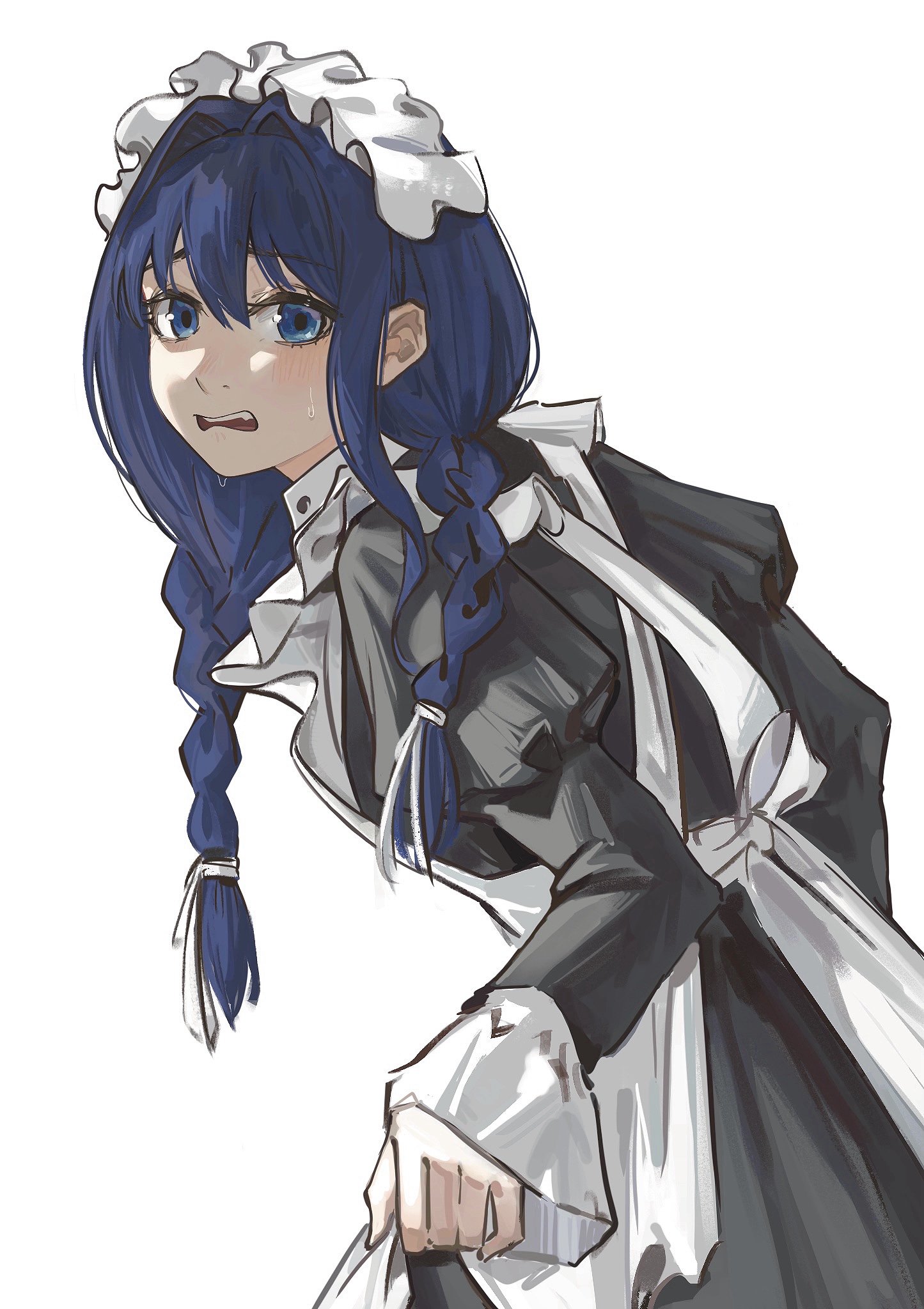 tarinne, ouro kronii, ouro kronii (maid), hololive, hololive english, highres, 1girl, apron, black dress, blue eyes, blue hair, braid, dress, hair intakes, hair ribbon, long hair, looking at viewer, low twin braids, maid apron, maid headdress, official alternate costume, official alternate hairstyle, ribbon, simple background, solo, sweat, twin braids, virtual youtuber, white apron, white background, white ribbon