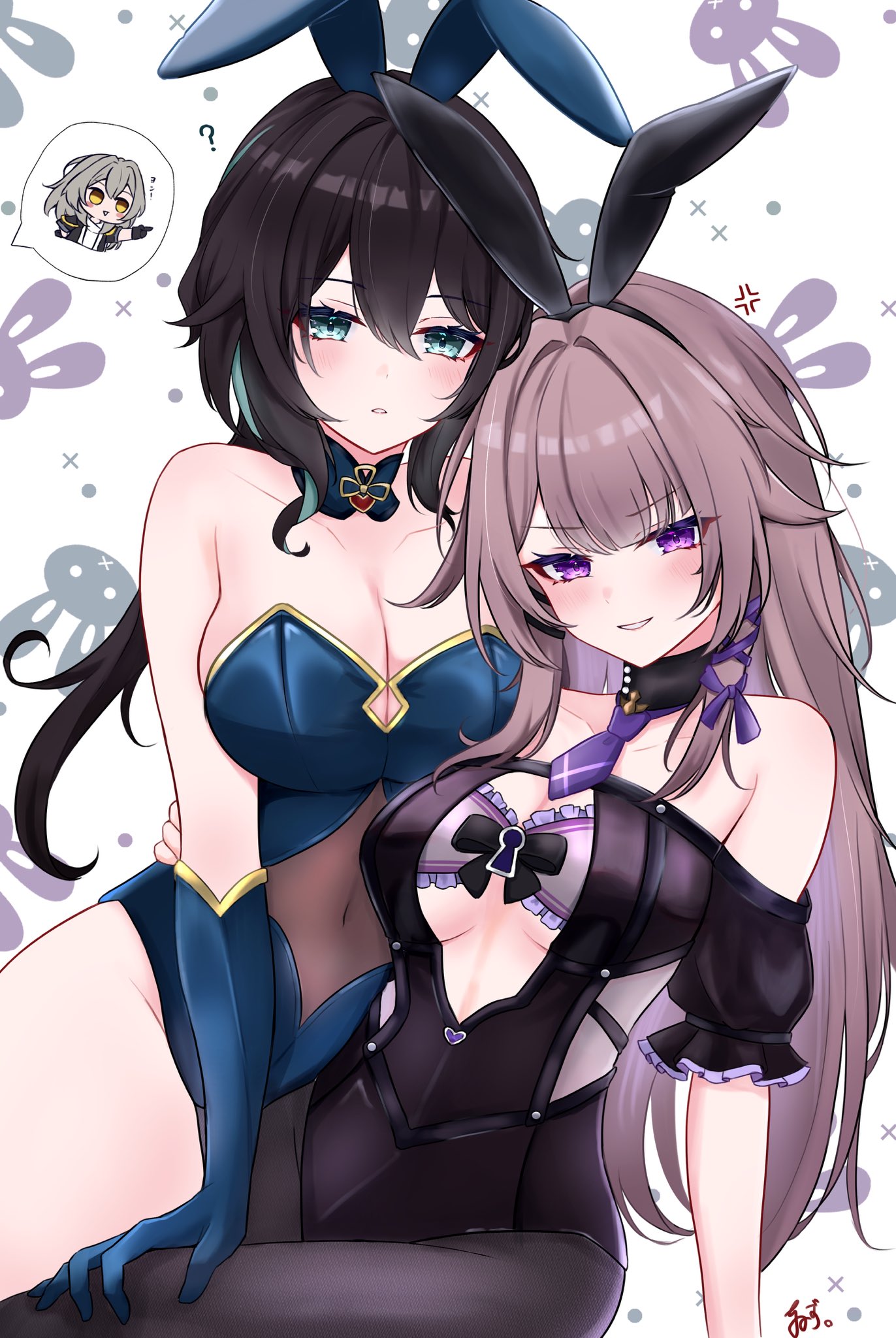 tiizumaru98, herta (honkai: star rail), ruan mei (honkai: star rail), stelle (honkai: star rail), the herta (honkai: star rail), trailblazer (honkai: star rail), honkai: star rail, honkai (series), commentary request, highres, 3girls, ?, alternate costume, anger vein, animal ears, bare shoulders, black hair, black leotard, black pantyhose, breasts, brown hair, bunny day, cleavage, fake animal ears, gloves, green eyes, green gloves, green leotard, grey hair, hand on another's thigh, large breasts, leotard, long hair, looking at viewer, medium breasts, multiple girls, pantyhose, playboy bunny, purple eyes, rabbit background, rabbit ears, very long hair