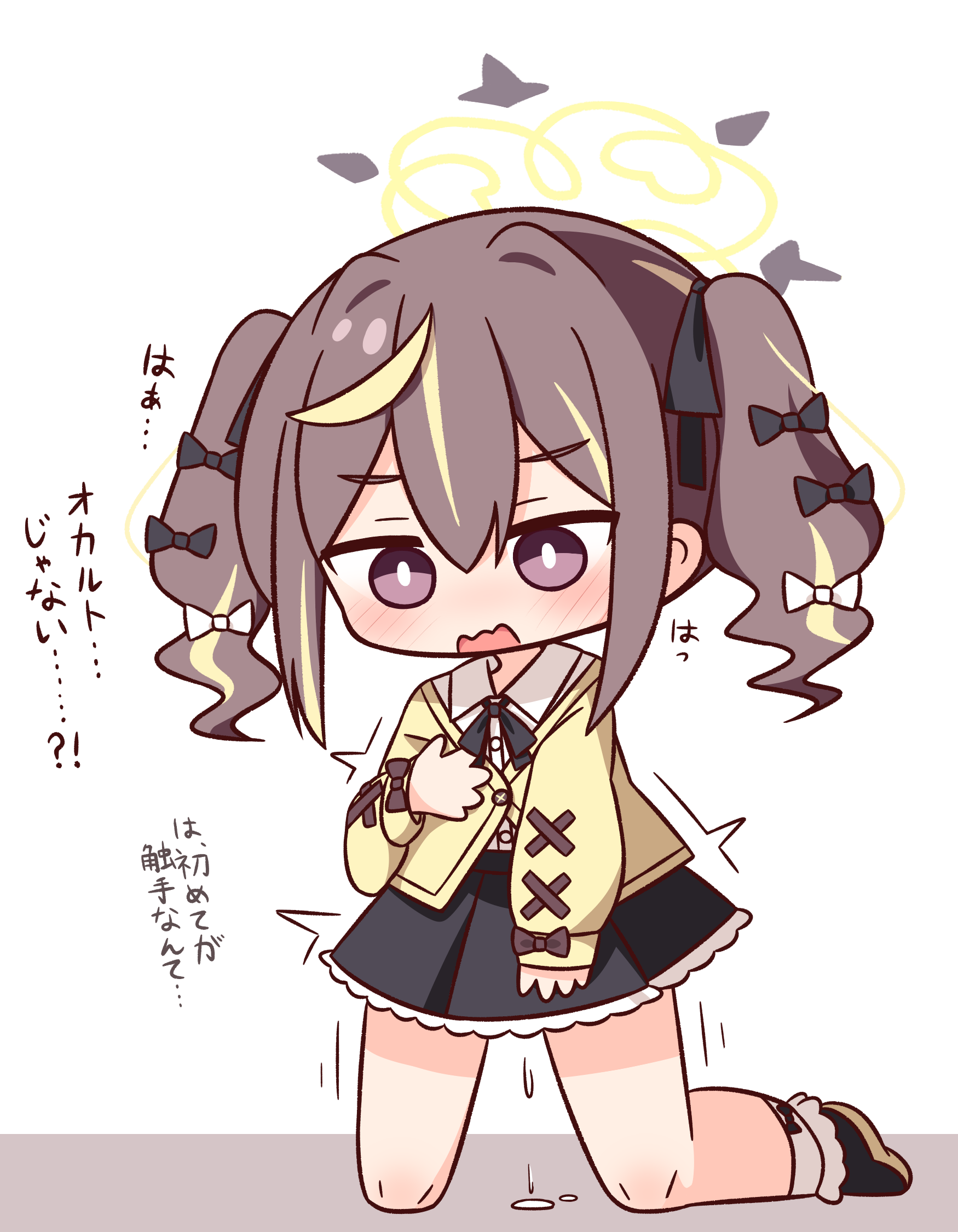 hana kazari, rena (blue archive), blue archive, commentary request, highres, translation request, 1girl, aftersex, black bow, black ribbon, black shoes, black skirt, blonde hair, blush, bow, brown hair, collared shirt, frilled skirt, frills, full body, hair bow, halo, kneeling, long sleeves, medium hair, multicolored hair, neck ribbon, open mouth, purple eyes, pussy juice, ribbon, shirt, shoes, sidelocks, skirt, socks, solo, streaked hair, sweater, trembling, twintails, two-tone hair, wavy mouth, white bow, white shirt, white socks, yellow halo, yellow sweater