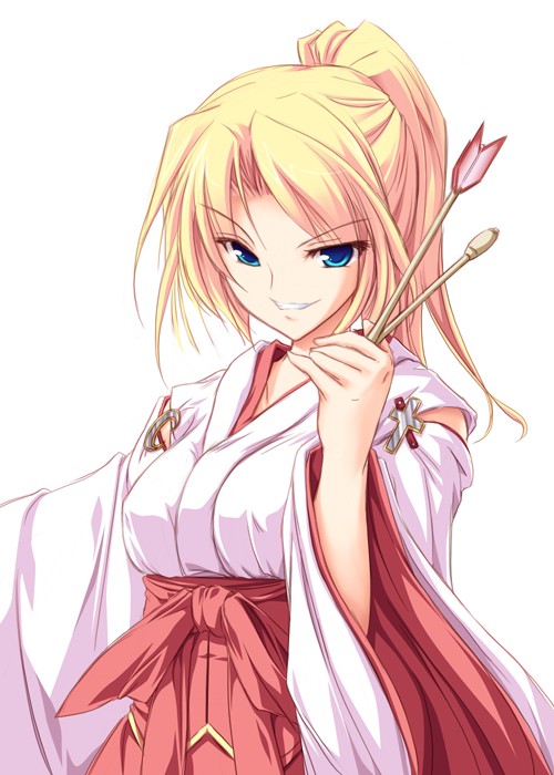 tenmaso, original, 1girl, blonde hair, blue eyes, female focus, hakama, hakama skirt, japanese clothes, miko, red hakama, skirt, smirk, solo