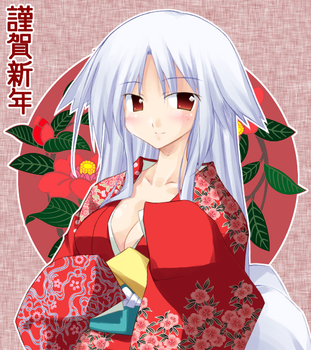 kuzunoha kyouji (sunny side street), original, silver hair, 1girl, animal ears, blush, breasts, camellia, cleavage, dog ears, female focus, floral background, floral print, flower, japanese clothes, kimono, large breasts, long hair, long sleeves, looking at viewer, new year, obi, outline, red eyes, sash, sleeves past wrists, smile, solo, tail, upper body