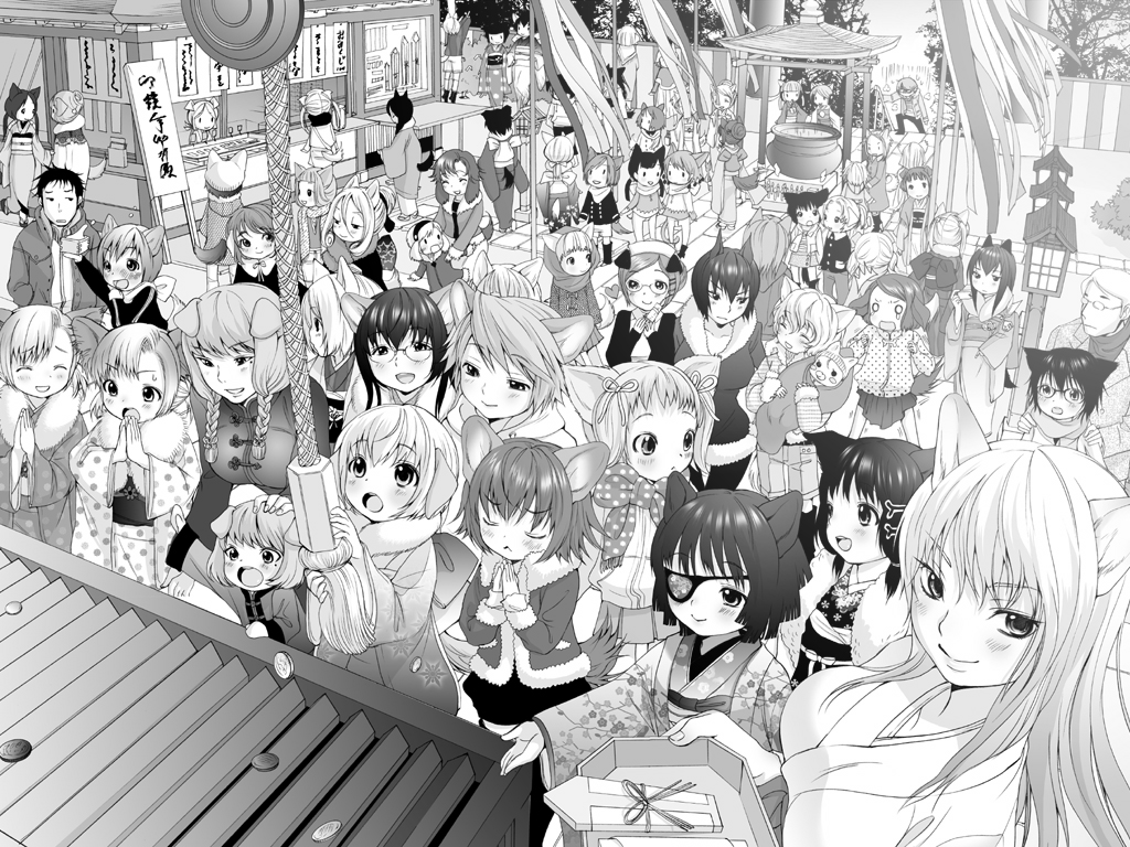 inuburo, original, 3boys, 6+girls, animal ears, box, crowd, dog ears, donation box, greyscale, japanese clothes, monochrome, multiple boys, multiple girls, new year, praying, shrine, shrine bell