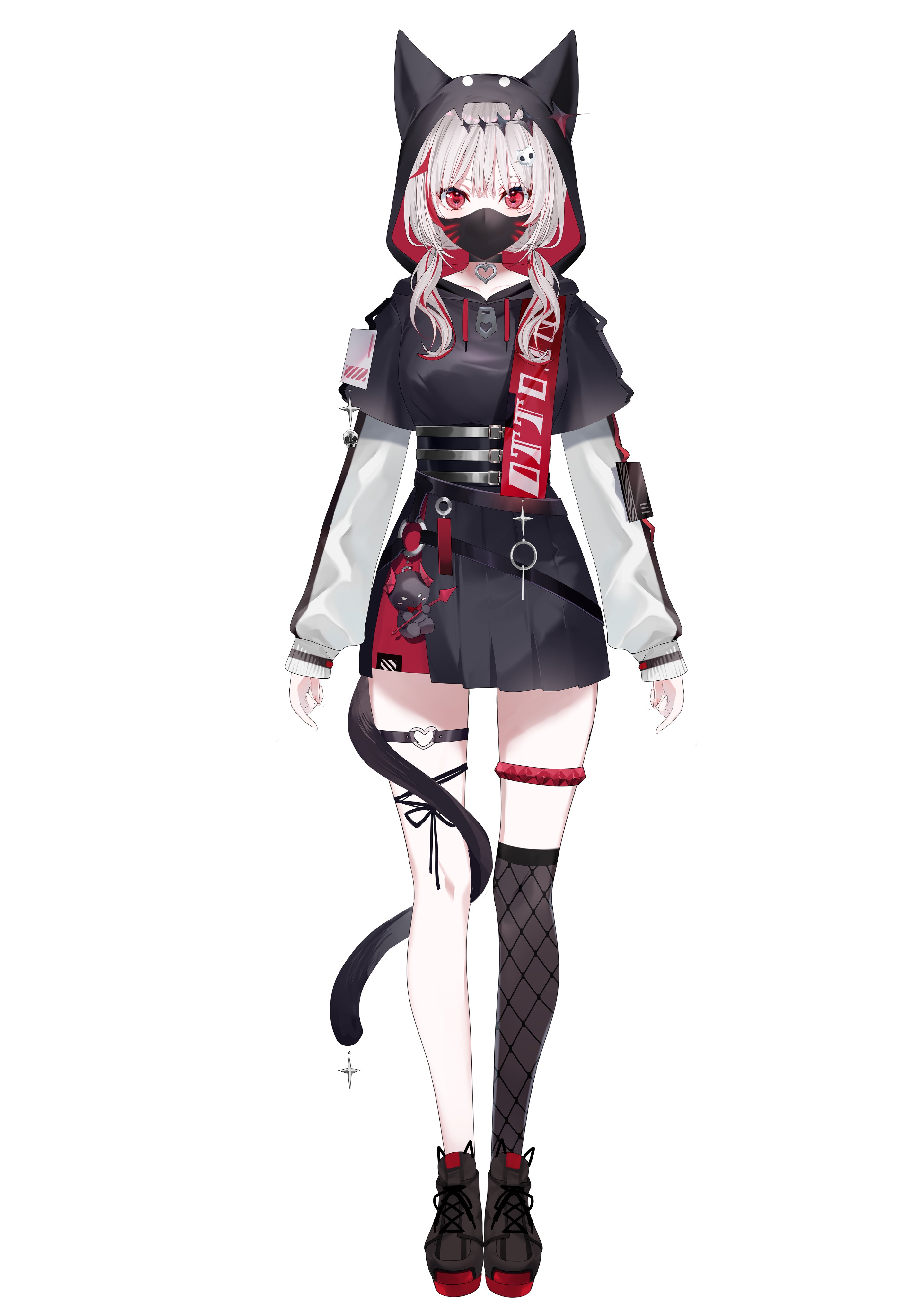 miwano rag, dtto., reject (esports), absurdres, highres, official art, asymmetrical legwear, black choker, black jacket, black mask, black shoes, black skirt, black thighhighs, cat tail, choker, crosshair pupils, hair ornament, hood, hoodie, jacket, long sleeves, mask, mouth mask, multicolored hair, pleated skirt, red eyes, reference sheet, shoes, simple background, skirt, skull hair ornament, streaked hair, tail, thigh strap, thighhighs, twintails, uneven legwear, white hair