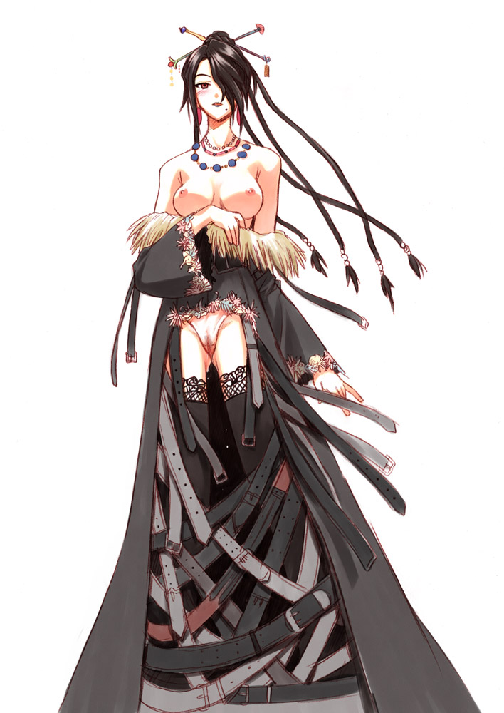 akamatsu ken, magi (cu-little2), lulu (ff10), final fantasy, final fantasy x, lace-trimmed legwear, 00s, 1girl, :d, beads, belt, belt skirt, black dress, black hair, black lips, black thighhighs, blush, braid, breasts, breasts out, buckle, cameltoe, clothes pull, corset, dress, dress pull, earrings, female focus, full body, fur trim, hair bun, hair ornament, hair over one eye, hair stick, half updo, jewelry, lace, lace trim, lipstick, long hair, long sleeves, looking at viewer, makeup, mole, mole under mouth, multiple belts, necklace, nipples, no bra, off shoulder, open clothes, open mouth, open shirt, panties, pink panties, pussy, pussy juice, pussy juice stain, red eyes, shirt, showgirl skirt, simple background, single hair bun, smile, solo, standing, thighhighs, uncensored, underwear, wet, wet clothes, wet panties, white background, white panties, wide sleeves