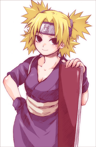 kubyou azami, temari (naruto), naruto (series), naruto shippuuden, traditional clothes, 1girl, bar (place), blonde hair, blush, breasts, brown eyes, cleavage, collarbone, female focus, fingerless gloves, gloves, hand on own hip, headband, hip focus, japanese clothes, kimono, looking at viewer, medium breasts, quad tails, sash, short hair, simple background, smile, solo, spiked hair, standing, weapon, white background