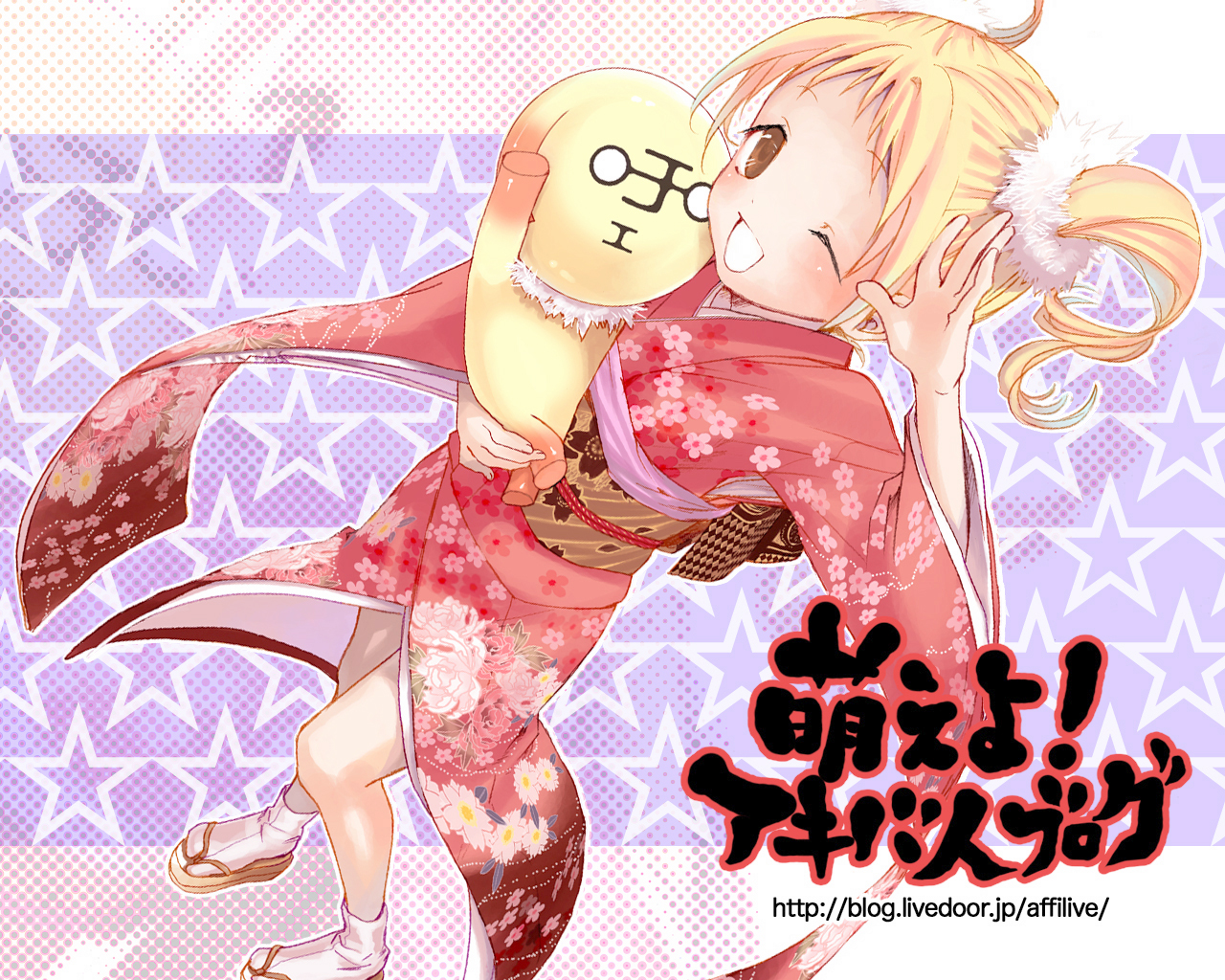 kuroda bb, fii-tan, fii-tan the figure, original, white legwear, 1girl, ;d, arm up, blonde hair, brown eyes, female focus, floral print, from above, furisode, hair ornament, halftone, halftone background, japanese clothes, kimono, new year, obi, one eye closed, open mouth, outline, sandals, sash, smile, solo, standing, star (symbol), star symbol background, tabi, twintails, watermark, web address, zoom layer, zouri