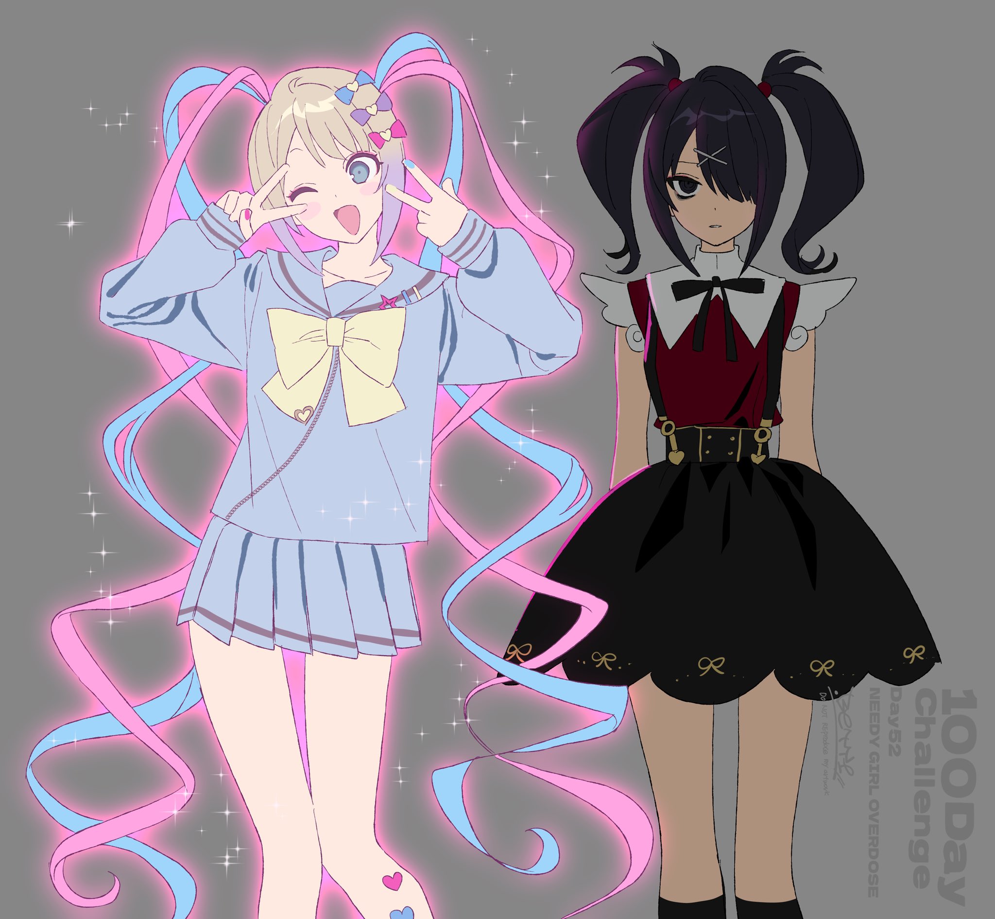 betti (xx betti), ame-chan (needy girl overdose), chouzetsusaikawa tenshi-chan, needy girl overdose, highres, 2girls, bags under eyes, black eyes, black hair, black ribbon, black skirt, black socks, blonde hair, blue bow, blue eyes, blue hair, blue sailor collar, blue serafuku, blue skirt, blush stickers, bow, closed mouth, collared shirt, copyright name, dual persona, grey background, hair bow, hair ornament, hair over one eye, heart, long hair, looking at viewer, multiple girls, neck ribbon, one eye closed, open mouth, outer glow, pink bow, pink hair, pleated skirt, purple bow, quad tails, red shirt, ribbon, sailor collar, school uniform, serafuku, shirt, signature, simple background, skirt, smile, socks, sparkle, suspender skirt, suspenders, twintails, very long hair, x hair ornament, yellow bow