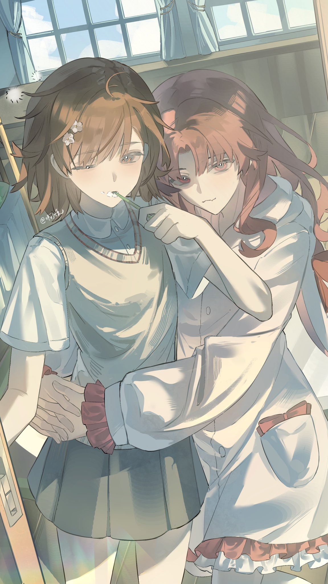 evenf, misaka mikoto, shirai kuroko, toaru kagaku no railgun, toaru majutsu no index, hashtag-only commentary, highres, 2girls, brown eyes, brown hair, brown sweater vest, brushing teeth, collared shirt, fang, grey skirt, hair down, hair ornament, hairpin, hug from side, indoors, long hair, messy hair, miniskirt, multiple girls, one eye closed, pleated skirt, school uniform, shirt, short hair, short sleeves, skin fang, skirt, sleepy, smile, summer uniform, sweater vest, tokiwadai school uniform, toothbrush, toothbrush in mouth, twitter username, v-neck, white shirt