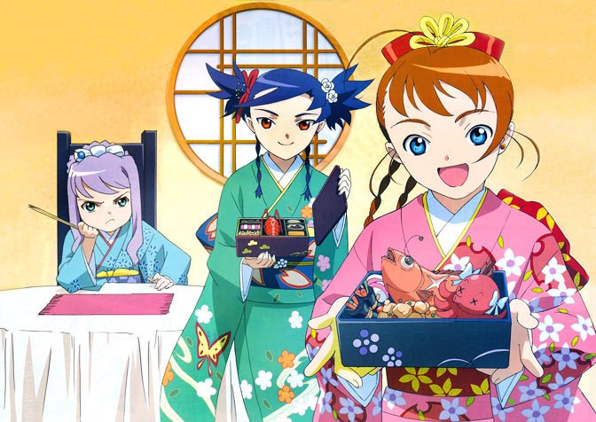 hisayuki hirokazu, arika yumemiya, mashiro blan de windbloom, nina wang, my-otome, official art, 00s, 3girls, bento, chair, food, furisode, japanese clothes, kimono, multiple girls, new year, on chair