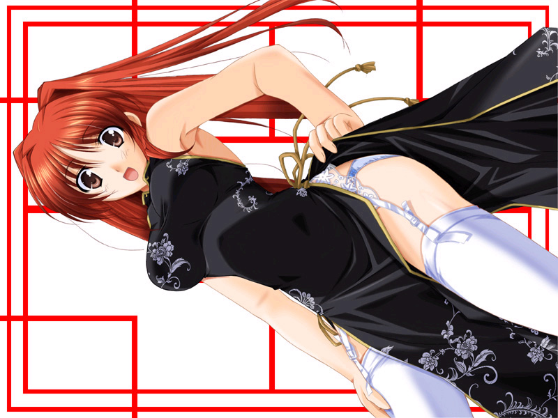 sakuragi hiroyuki, kousaka tamaki, to heart (series), to heart 2, duplicate, 00s, 1girl, blue panties, china dress, chinese clothes, dress, female focus, garter belt, lingerie, panties, red hair, solo, thighhighs, underwear