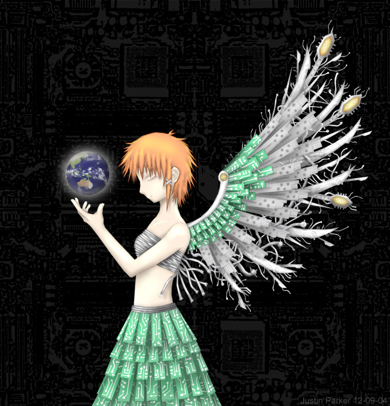 iwakura lain, serial experiments lain, 1990s (style), 1girl, black background, circuit board, cowboy shot, dark, earth (planet), female focus, hair ornament, hairclip, midriff, orange hair, planet, retro artstyle, short hair, simple background, solo, standing, wings