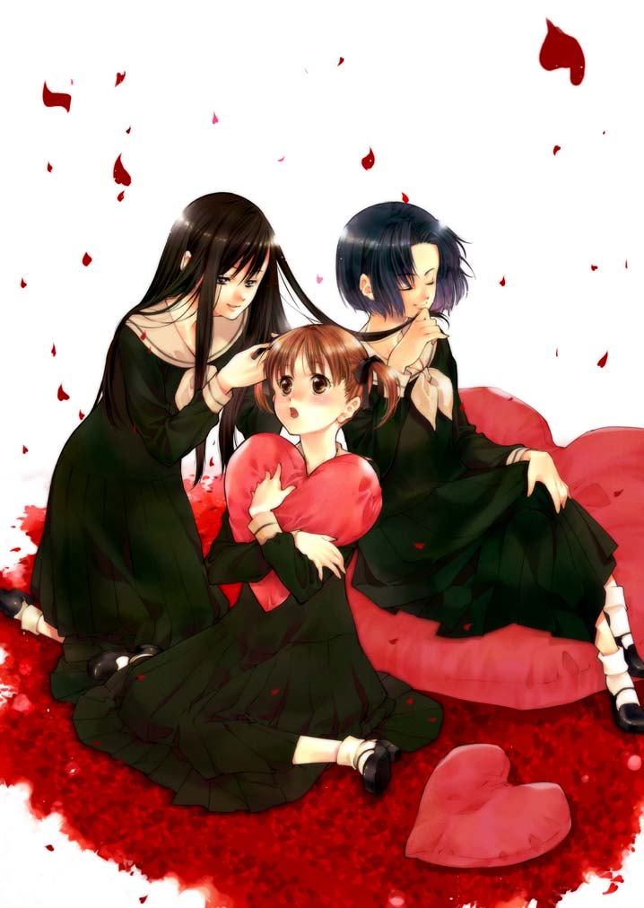 fukuzawa yumi, mizuno youko, ogasawara sachiko, maria-sama ga miteru, 00s, 3girls, bad anatomy, bad feet, black hair, blush, bob cut, brown hair, hairdressing, heart, heart-shaped pillow, holding, holding own hair, kneeling, long hair, looking at another, mary janes, multiple girls, petals, pillow, poorly drawn, rose petals, school uniform, serafuku, shoes, short hair, sitting, smile, socks, valentine, very long hair, wariza, wind