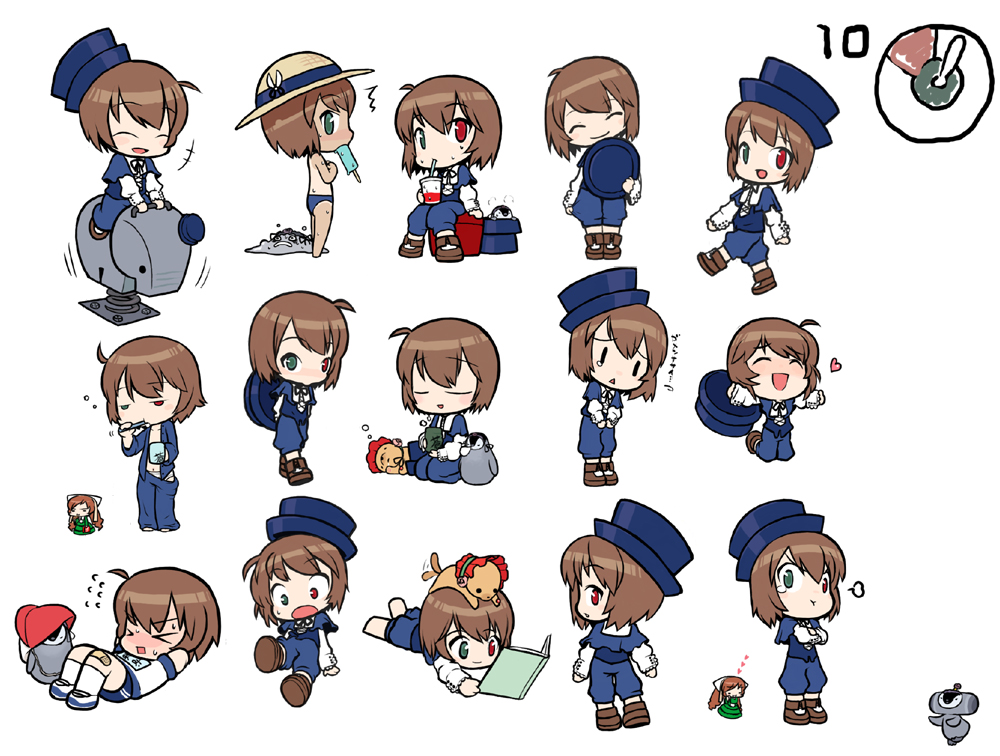 ume (noraneko), kunkun, pengintou, souseiseki, suiseiseki, wanku, katamari damacy, rozen maiden, bad id, bad pixiv id, > <, 00s, 2girls, :d, :o, ^^^, ^ ^, ahoge, animal, animal on head, bandaid, bandaid on knee, bandaid on leg, bird, brushing teeth, buruma, chibi, chibi only, closed eyes, clothes pull, cup, dog, drinking, exercising, flying sweatdrops, food, from behind, full body, gym uniform, hat, heart, heterochromia, holding, holding unworn clothes, holding unworn hat, ice cream, jitome, jumping, looking at viewer, looking back, lying, multiple girls, on head, on stomach, open mouth, outstretched arms, panties, pants, pants pull, penguin, popsicle, pout, reading, smile, spread arms, straw hat, sweat, tan, tanline, tears, toothbrush, triangle mouth, underwear, unworn hat, unworn headwear, yunomi
